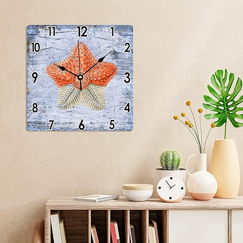 Miniatura 4 de Reloj rústico de 10 x 10 pulgadas para pared, mar, costero, océano, con estrellas de mar, reloj de PVC para pared, vintage, azul, grano de madera,