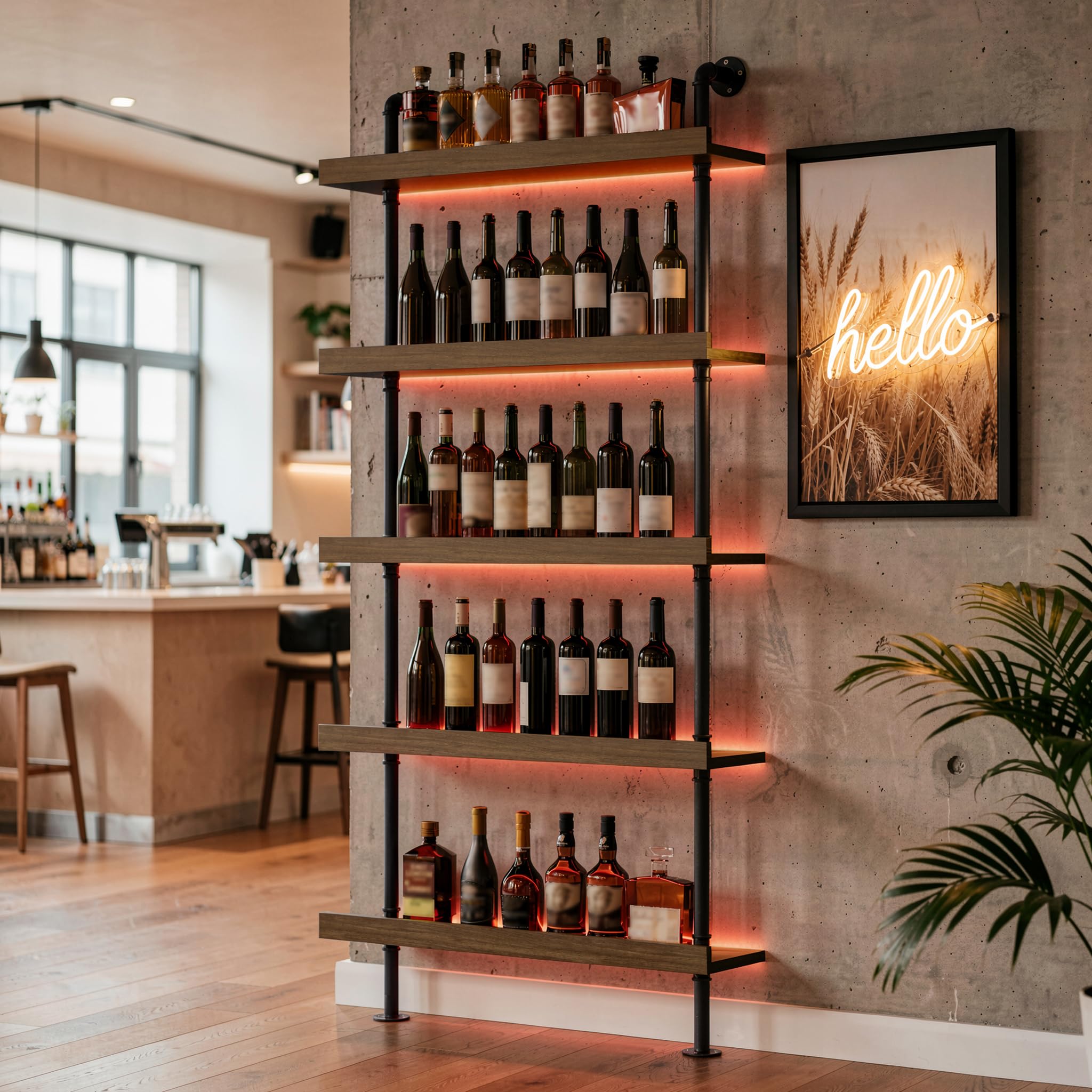 MSFE Portabottiglie da Parete con Luce LED 5 Livelli Portabottiglie in Metallo e Legno Massello Da Vino Industriale Portabottiglie con Ripiano Espositivo per Casa, Bar, Ristorante 20x100x180CM