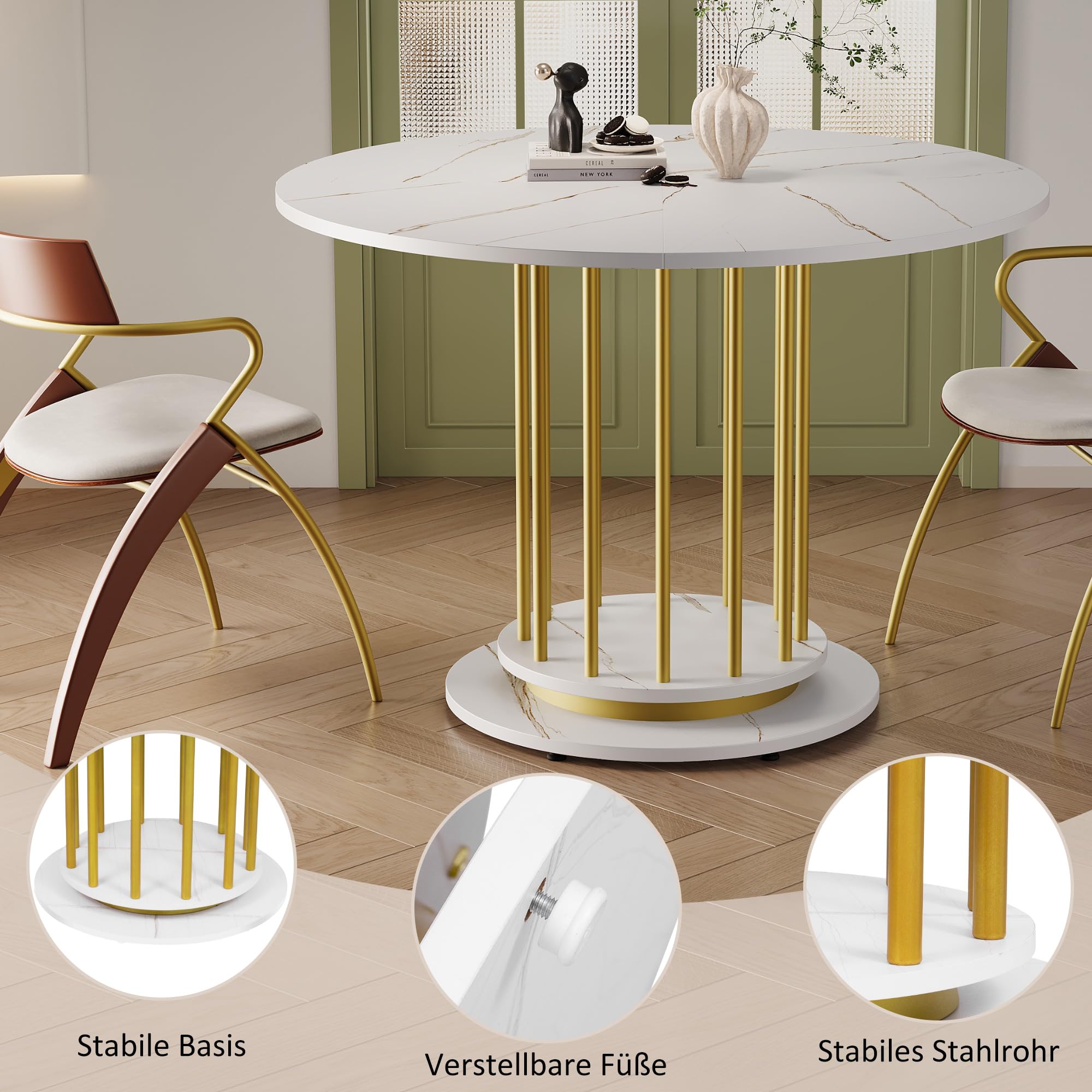 Nowoczesny okrągły marmurowy stół jadalny z metalową ramą, oszczędzający miejsce design dla 2-4 osób, idealny do kuchni lub salonu stylowe białe wykończenie