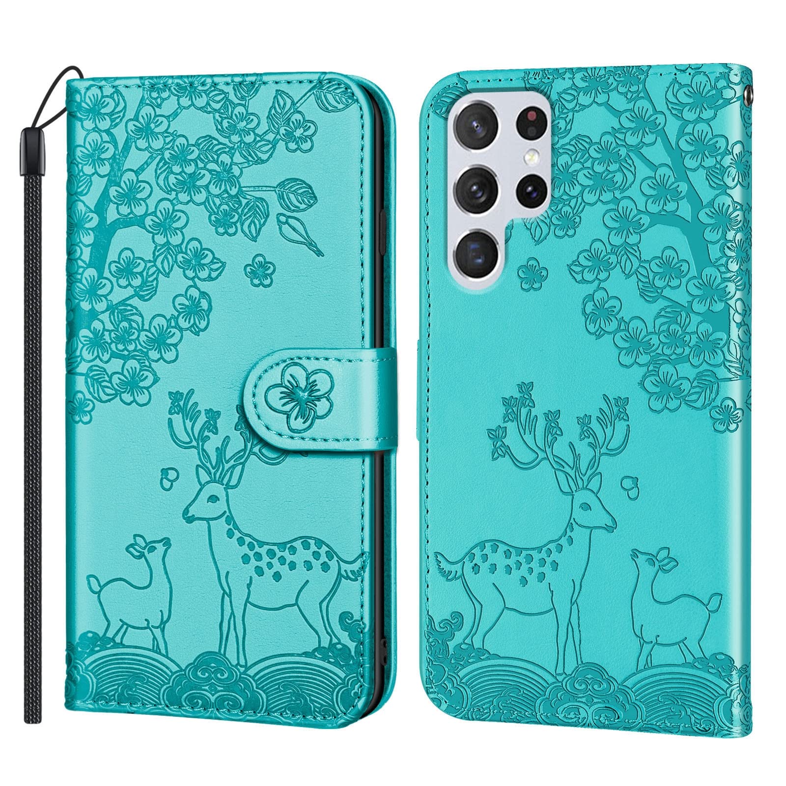 Etui do Samsung Galaxy S22/S22 Plus/S22 Ultra, wytłaczany jeleń skóra PU, portfel etui z przegródkami na karty podpórka, magnetyczne etui na telefon z klapką, zielony, S22 Ultra 6,8"