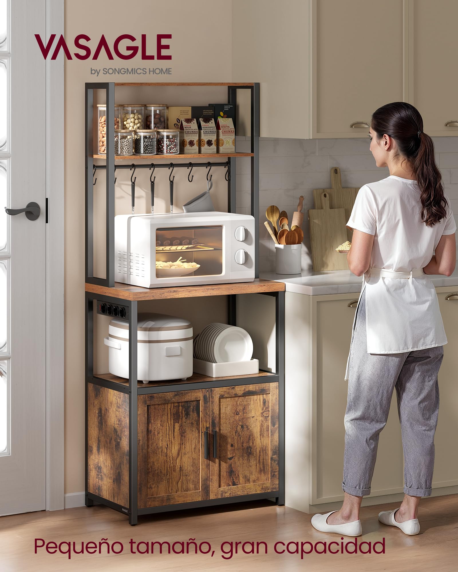VASAGLE Estantería de Cocina con Enchufes, Altura de 90 cm, Estantería para Microondas con 8 Ganchos, 40 x 60 x 170 cm, Marrón Rústico y Negro Tinta KKS058K02