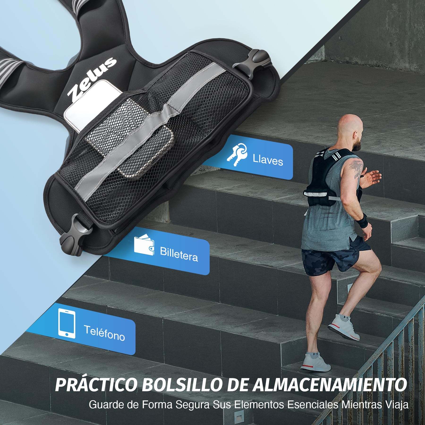 ZELUS Chaleco Lastrado de 10kg/20kg con Peso Ajustable Chaleco de Peso con 10/20 Pesos Extraíbles de 1KG para Entrenamineto de Musculación