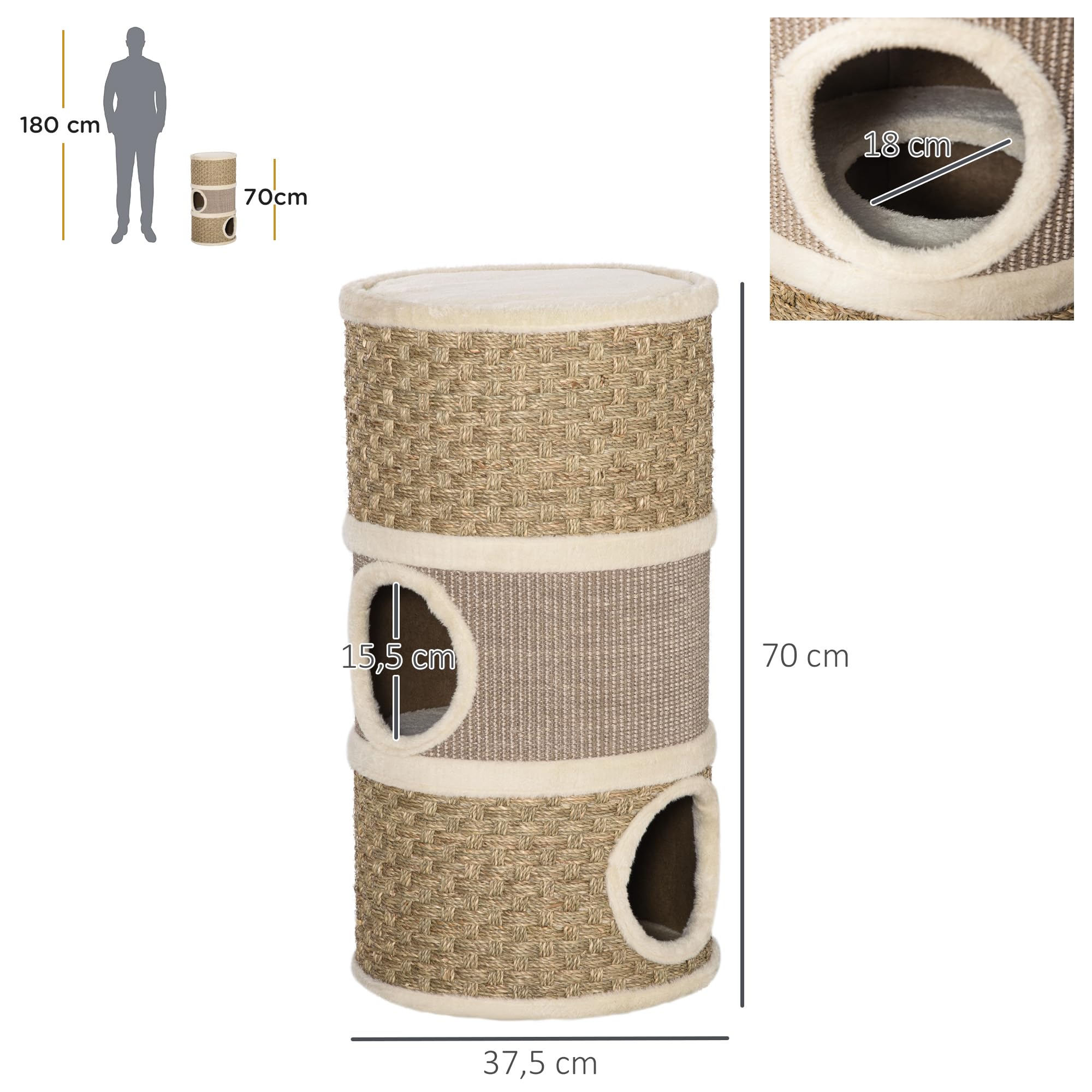 PawHut Barril Rascador para Gatos de 3 Niveles, Altura 70 cm, Torre para Gatos con Cama, Cubierto de Sisal, Árbol Rascador, Ø37,5x70 cm, Caqui y Café