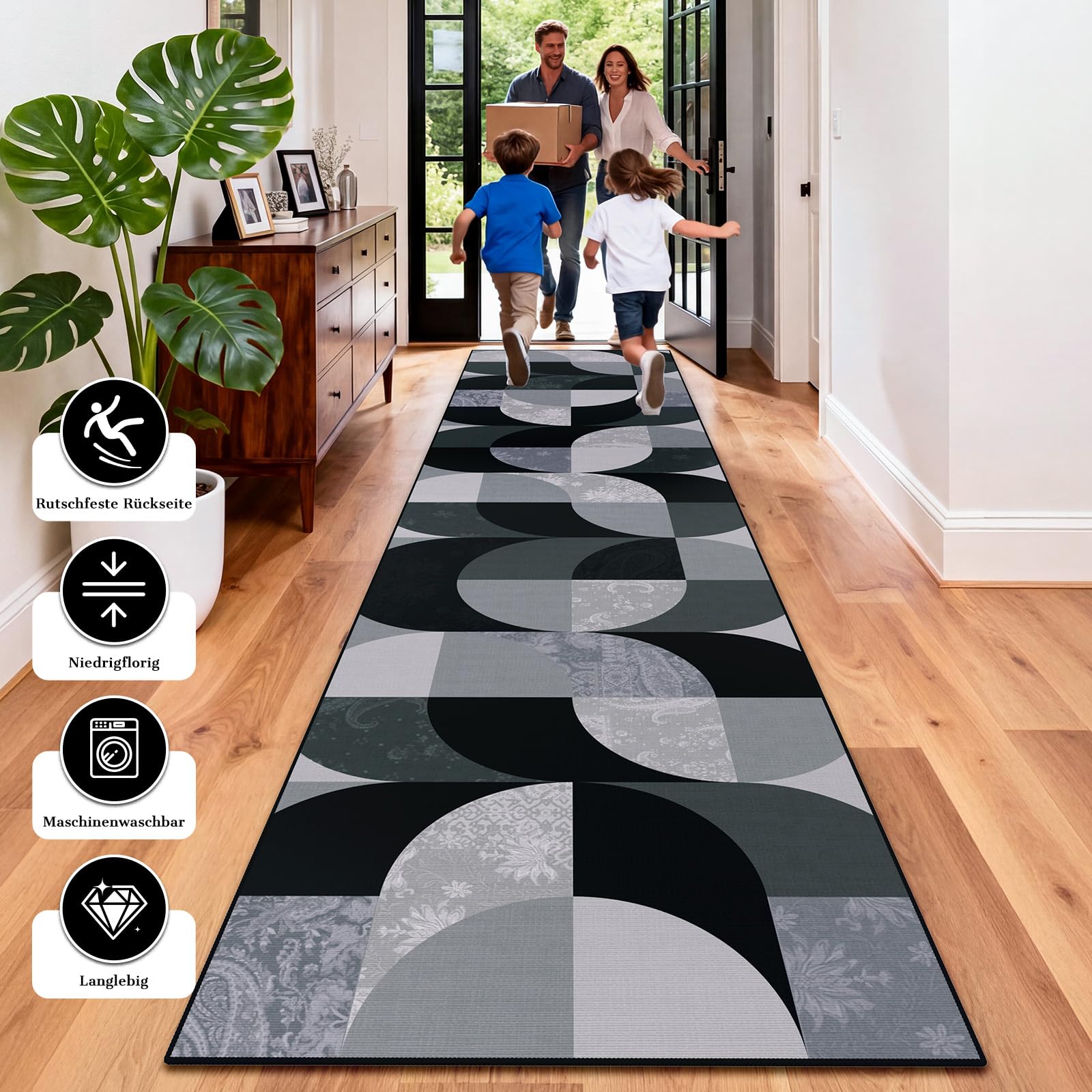 Boho Teppich Läufer Flur 80x300 cm, Schwarz Waschbar Küchenteppich, Geometrischer rutschfester Flurläufer Lang, Weicher Kurzflor Küchenläufer für Eingänge Schlafzimmer Wohnzimmer Korridor Küche