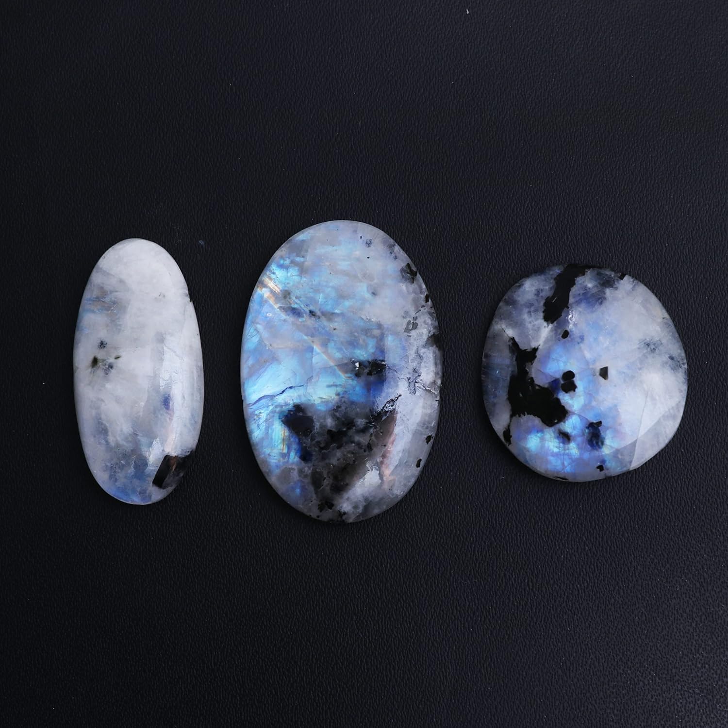Gempires Natural Rainbow Moonstone with Black Tourmaline Gemstone Wholesale Cabochons Lot, Polished Decor, Wire Wrapping, Jewelry Making Loose Gemstone, Wikka, Healing Crystals