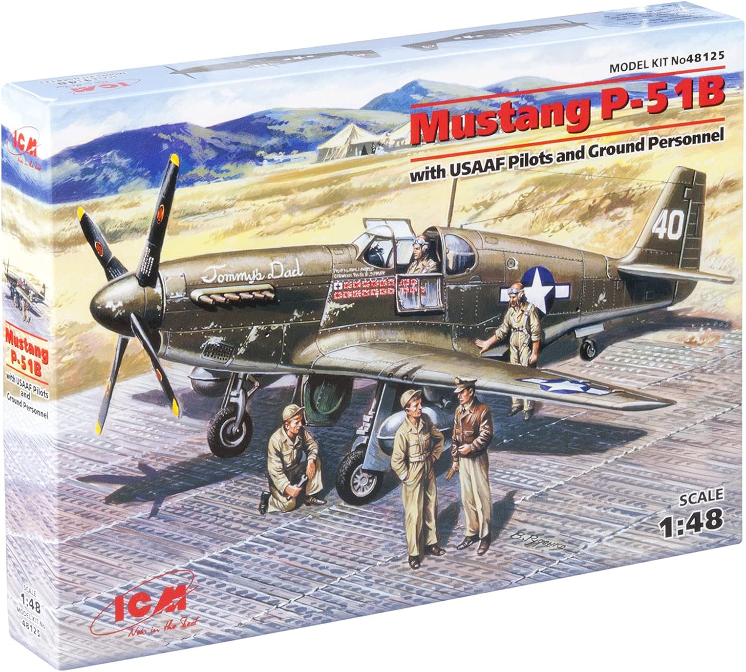 ICM 48125 - Airplane Model Mustang P-51B with USAAF Pilots and Ground Personnel. Plastic Military Plane - Scale 1:48