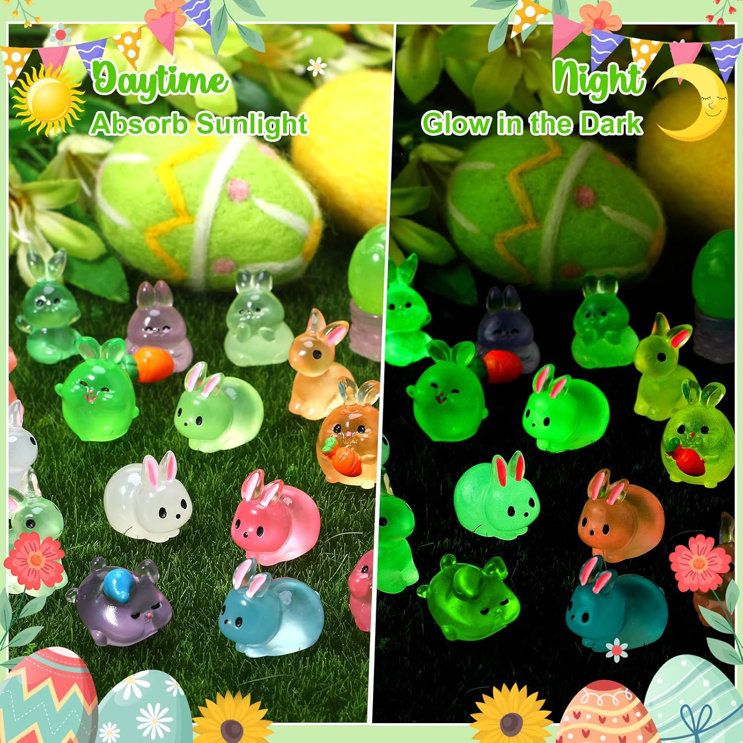 50 Pcs Easter Mini Resin Figures Easter Bunny Egg Carrot Glow in The Dark Mini Figurines Farm Resin Animals Miniature Figurines for Egg Fillers Party Favors Garden Dollhouse Landscape