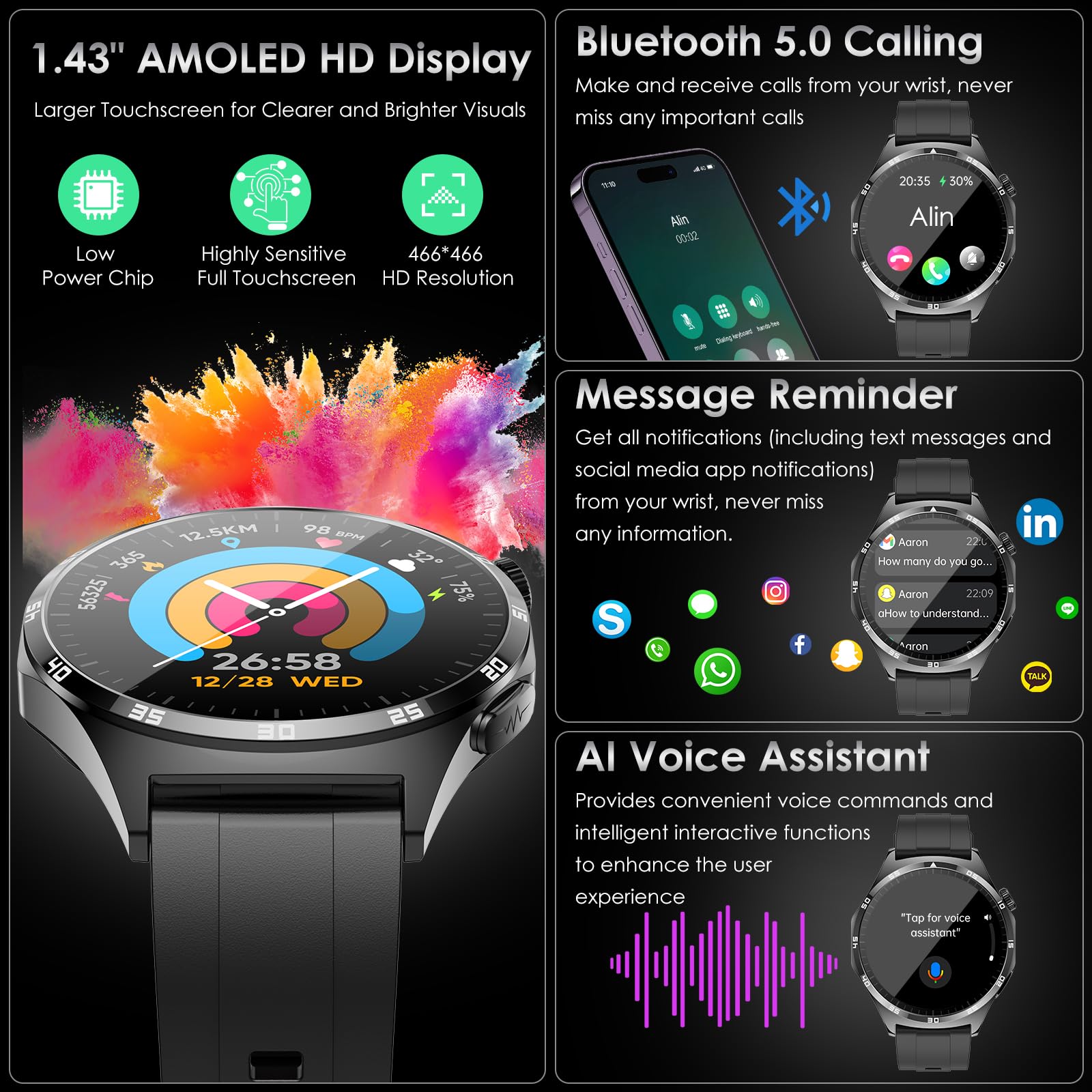 2025 Smartwatch Uomo con ECG/HRV/Lipidi/Acido Urico/BMI/Sonno,1.43"AMOLED 𝐆li𝐜𝐞𝐦𝐢𝐚 Orologio Fitness con Chiamate,24h Pressione Sanguigna/Temperatura Corporea/Cardiofrequenzimetro,per Android iOS