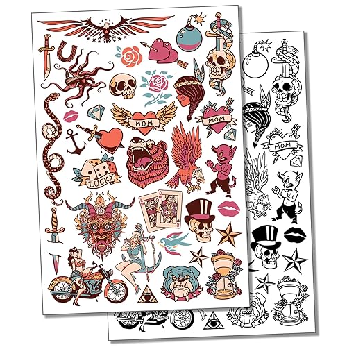 Tatuaje temporal de estilo antiguo tradicional americano, resistente al agua, colección de arte corporal falso, color (una hoja)