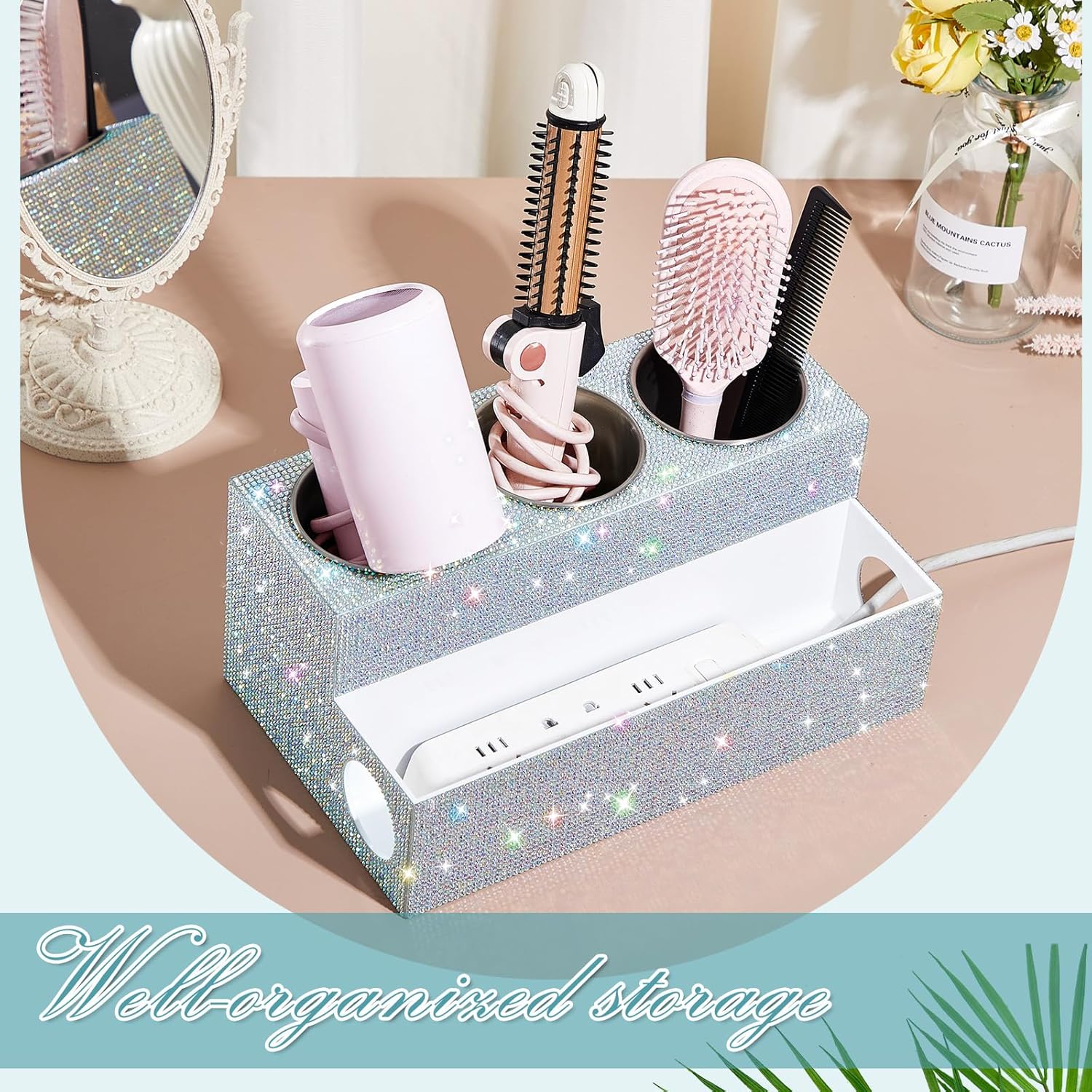 Honeydak Silver Bling Hair Tool Organizer Gift for Mothers Day Glitter Perfume Makeup Holder for Bathroom Women Essentials Rhinestone Organizer for Hair Styling Tools Toiletries Accessories