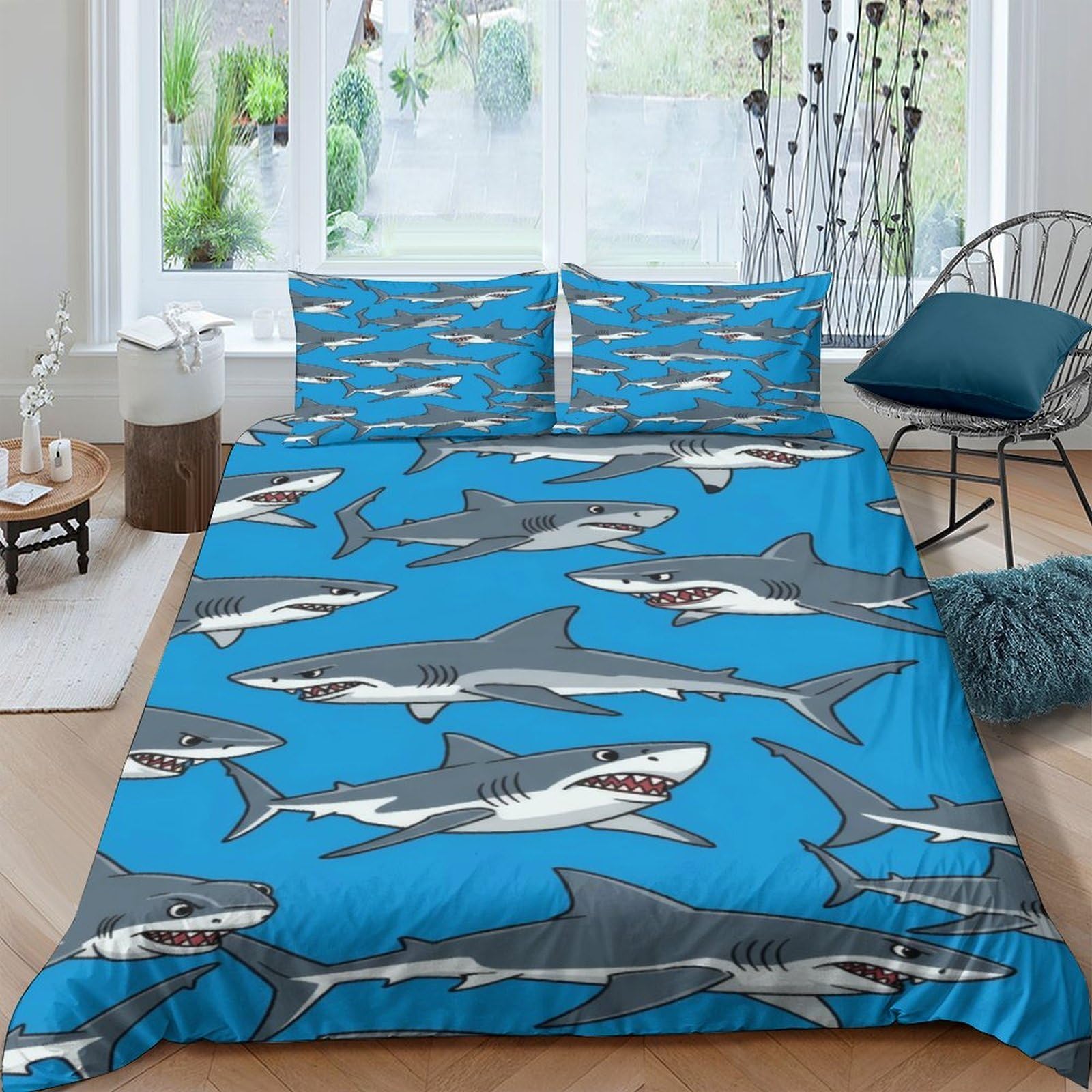 Parure de lit requin effet 3D anti-plis avec fermeture éclair pour lit super king