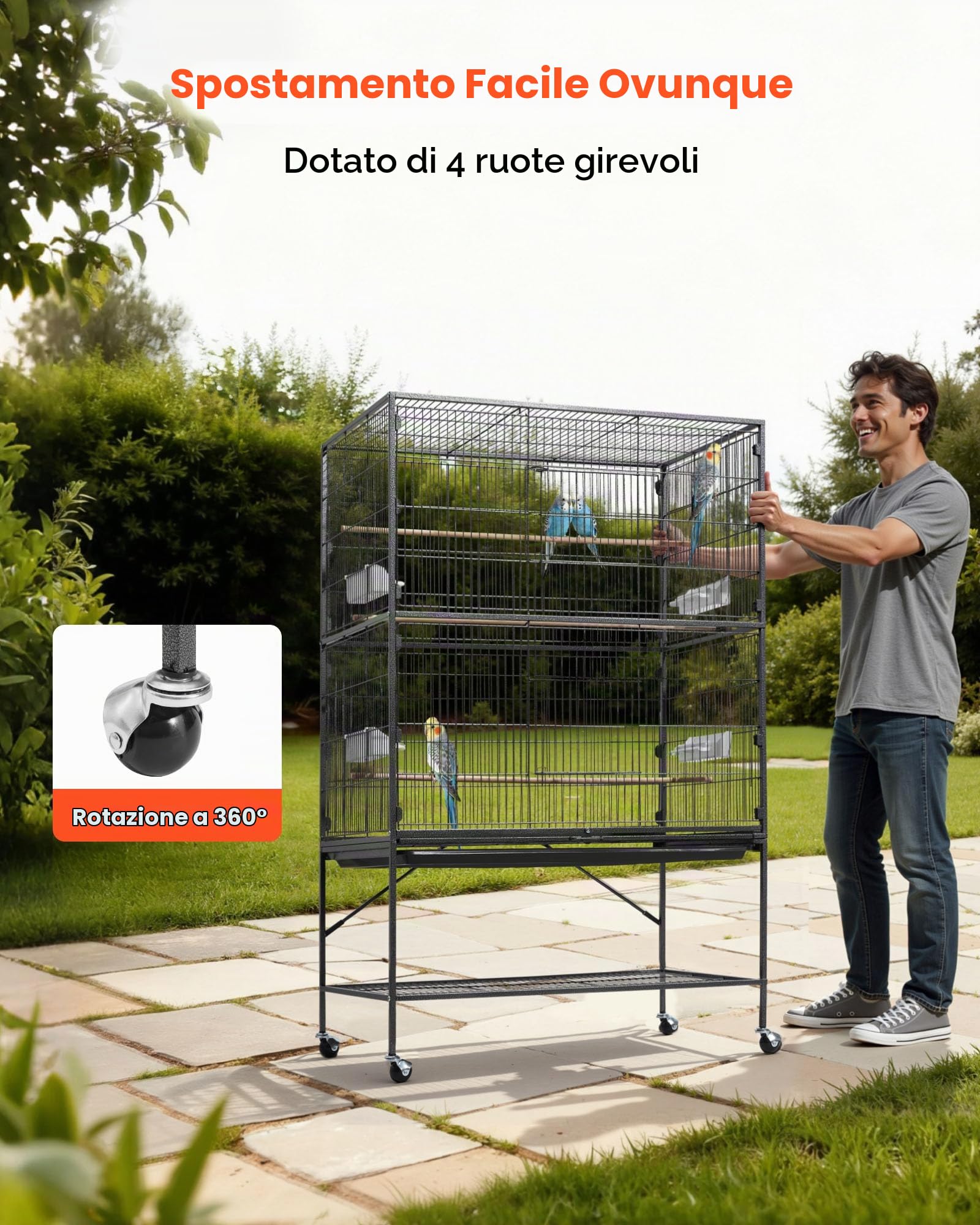 VEVOR Gabbia Voliera per Uccelli da 930 x 580 x 1510 mm, Parte Superiore Piatta, in Ferro Battuto con Trespoli, Vassoio Estraibile e Mangiatoie in Plastica, Ruote, per Pappagallo, Cinciarella