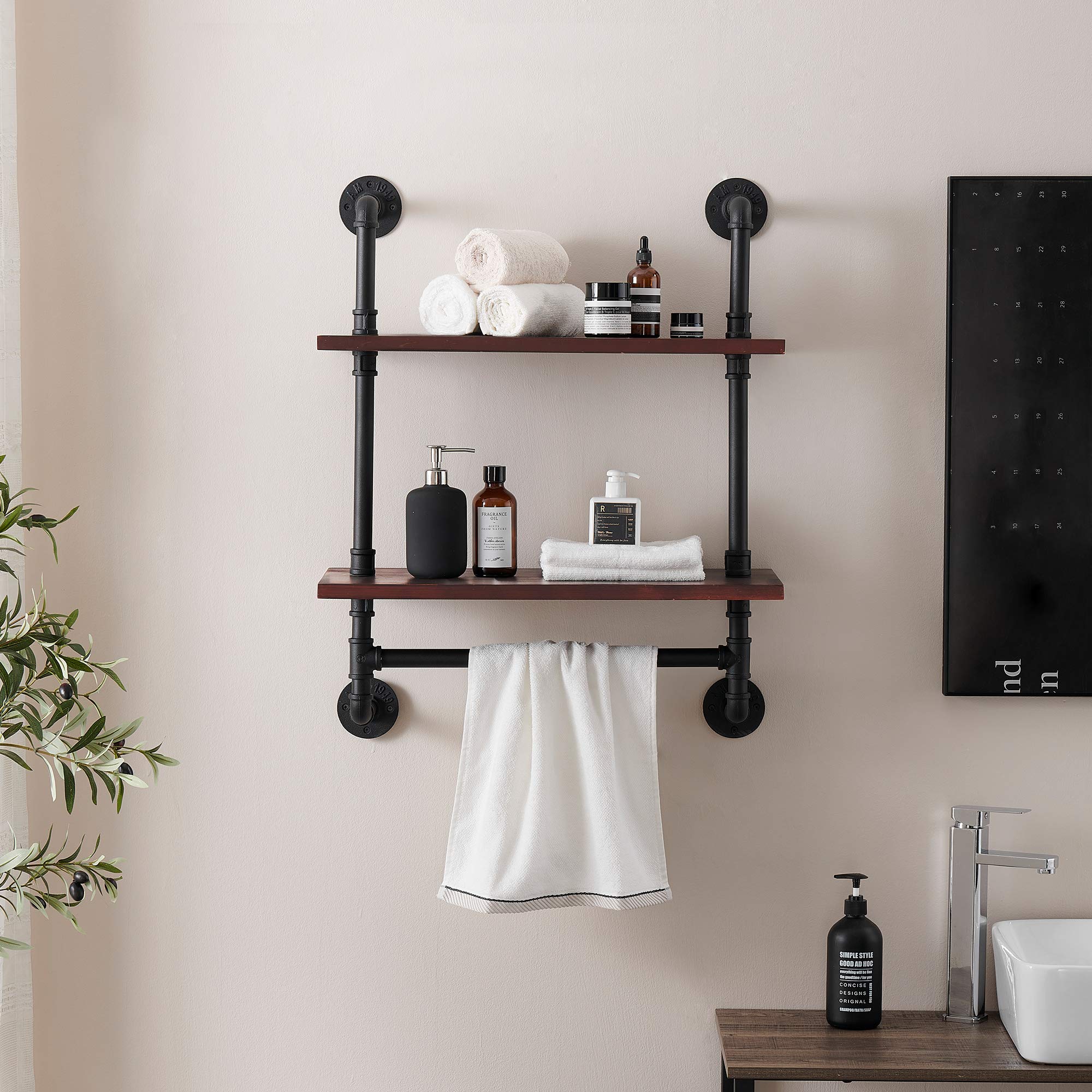 ivinta Bathroom Shelves Wall Mounted, 2-Tier Metal Industrial 24" Rustic Wall Shelf Over Toilet, Towel Rack with Towel Bar, Utility Storage Shelf Rack, Floating Shelves Towel Holder