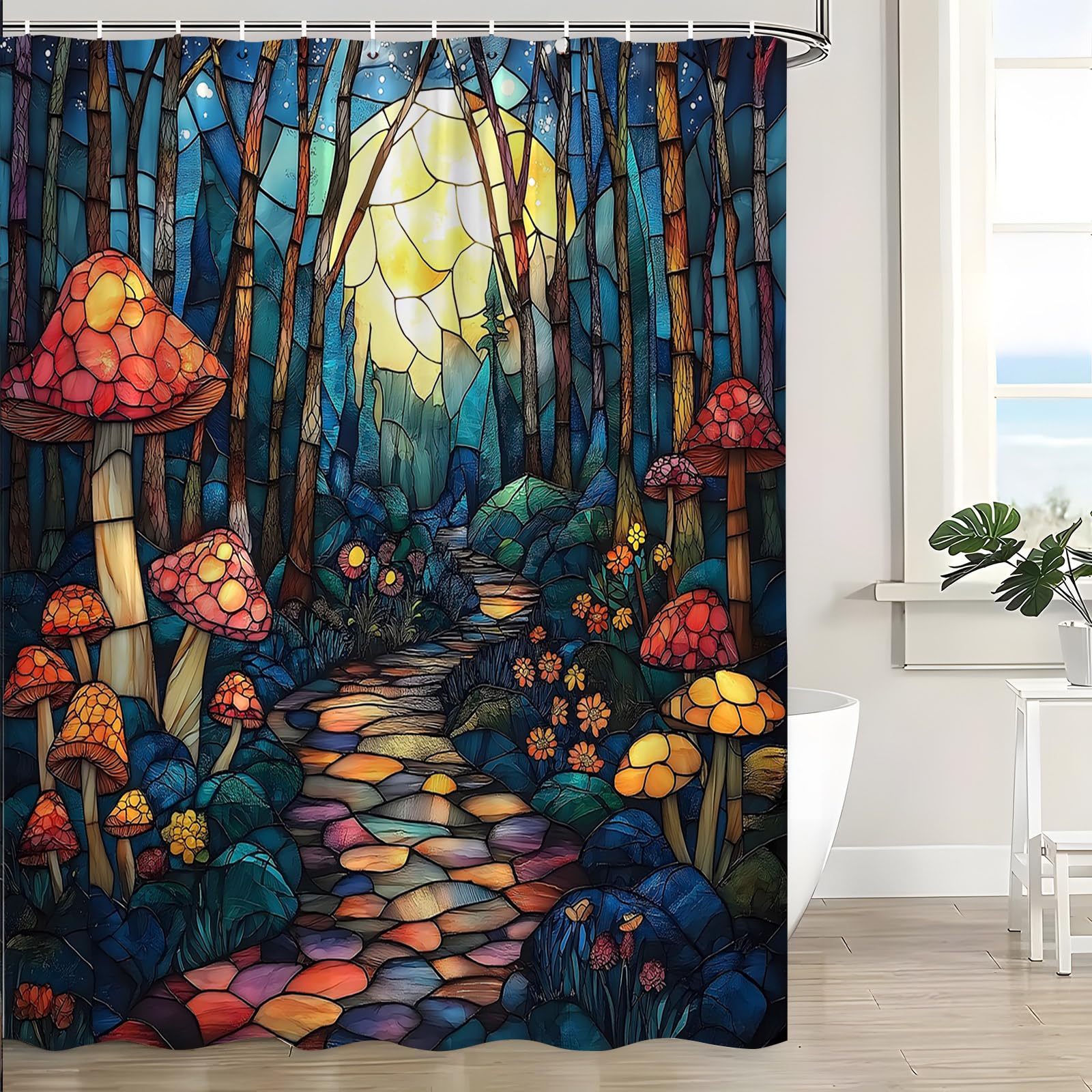 JWJAMM Fantasy Forest Mushroom Shower Curtain Stained Glass Fairy Garden Full Moon Wonderland Tale Tree Magical Spring Floral Nature Plant Botanical