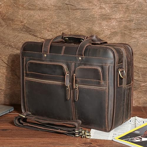 Miniatura 6 de Polare Modern - Maletín para portátil de 17 pulgadas con piel de grano completo y cremalleras YKK de primera calidad, Marrón oscuro (se ajusta a una