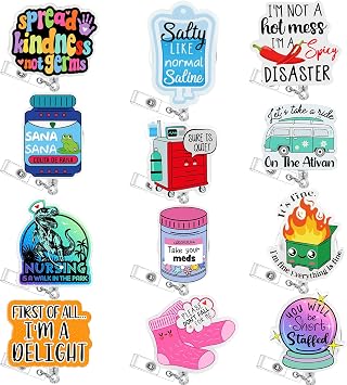 Yunlly 12 Pcs Funny Badge Reel Nurse Badge Reel Holder Retractable ID Clips for Doctor Student Men Women Office Nurses Lanyard Supplies Accessories Bulk GiftsMedical
