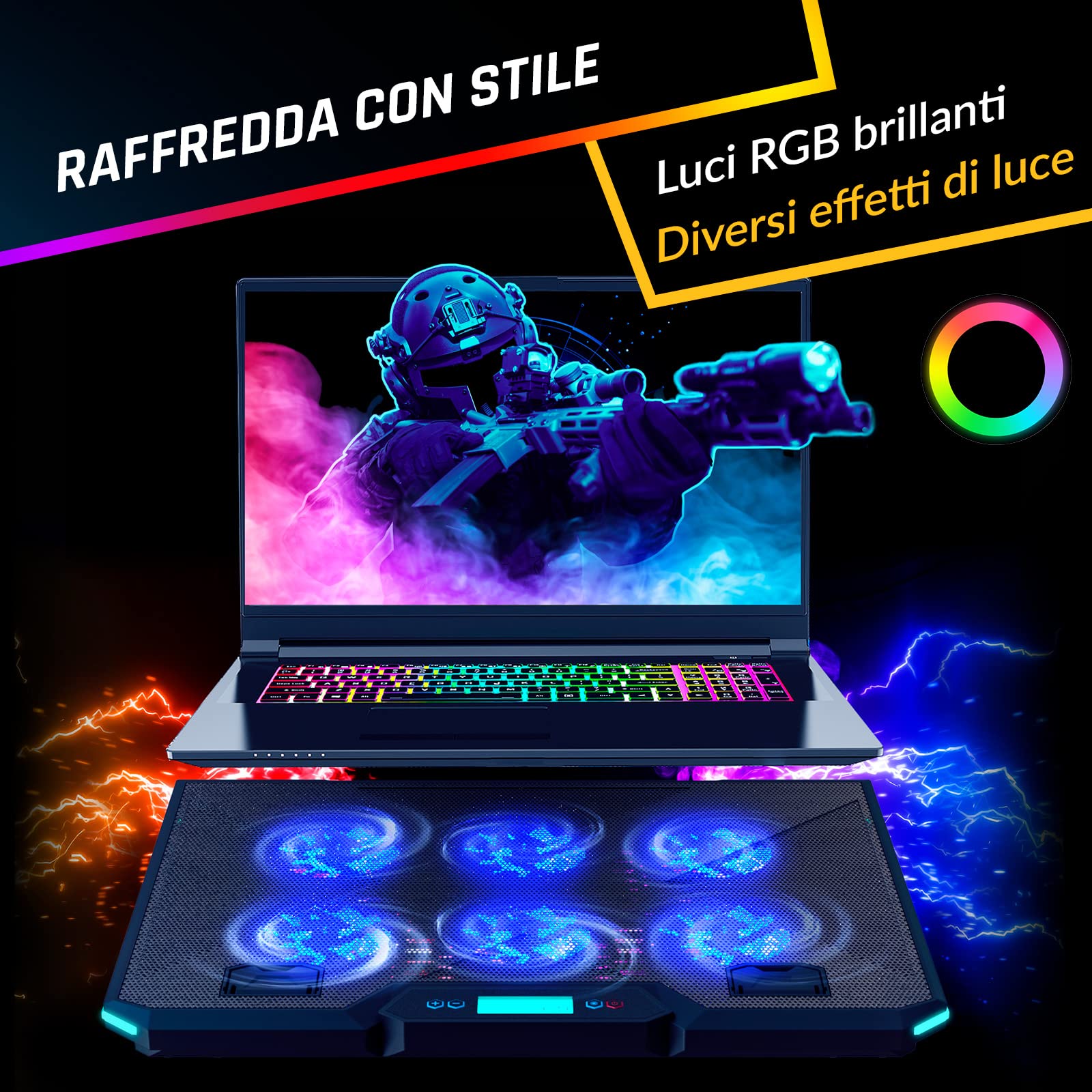 KLIM Glacier - Base di raffreddamento PC portatile con 6 ventole e luci RGB - 11" - 17" - Per Laptop da Gaming - Stabile e silenziosa - Alimentata USB - Ideale per PC, Mac, PS4 - NUOVA