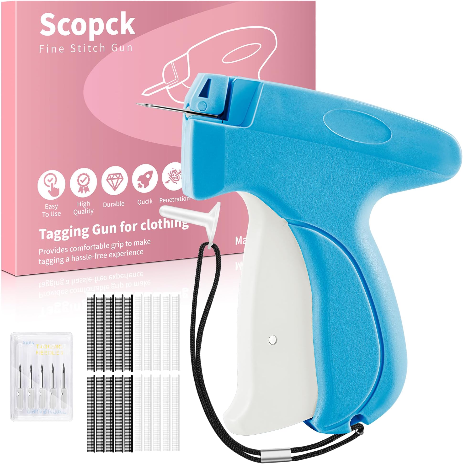 Stitch Gun for Clothes - Handheld Stitch Gun Quick Clothing Fixer - Mini Sewing Kit Micro Tagging Gun - Includes 6 Needle, 1000 Black Fasteners & 1000 White Fasteners (Blue-White)