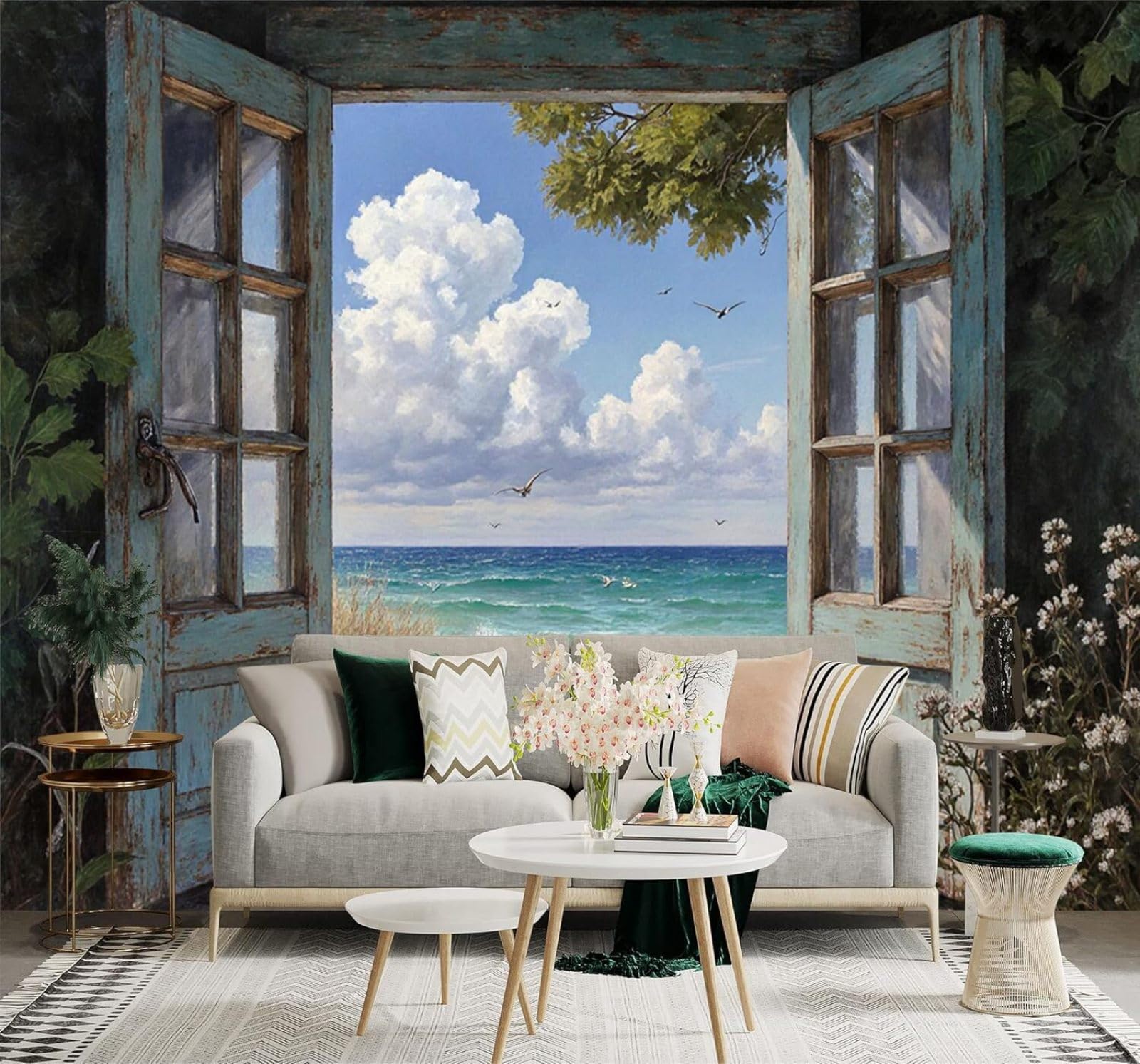 Xlming 300Cm×210Cm(B×H) Blue Wooden Door Beach Scenery Waves Sand Dunes Blue Sky 3D Wallpaper Silky Texture Home Study Office Grey Dining Room Sofa Bedroom Living Room Tv Backdrop-300Cm×210Cm