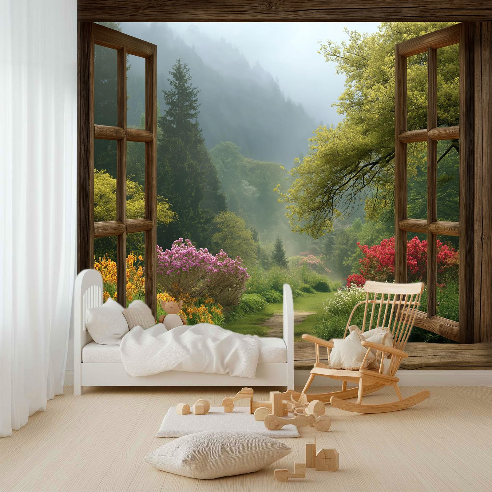 Générique 200 x 140 cm Carta da parati murale Panoramica Verde Carta da parati fotografica non tessuta - Rivestimento murale decorazione soggiorno per camera da letto - Effetto 3D - Finestre paesaggio