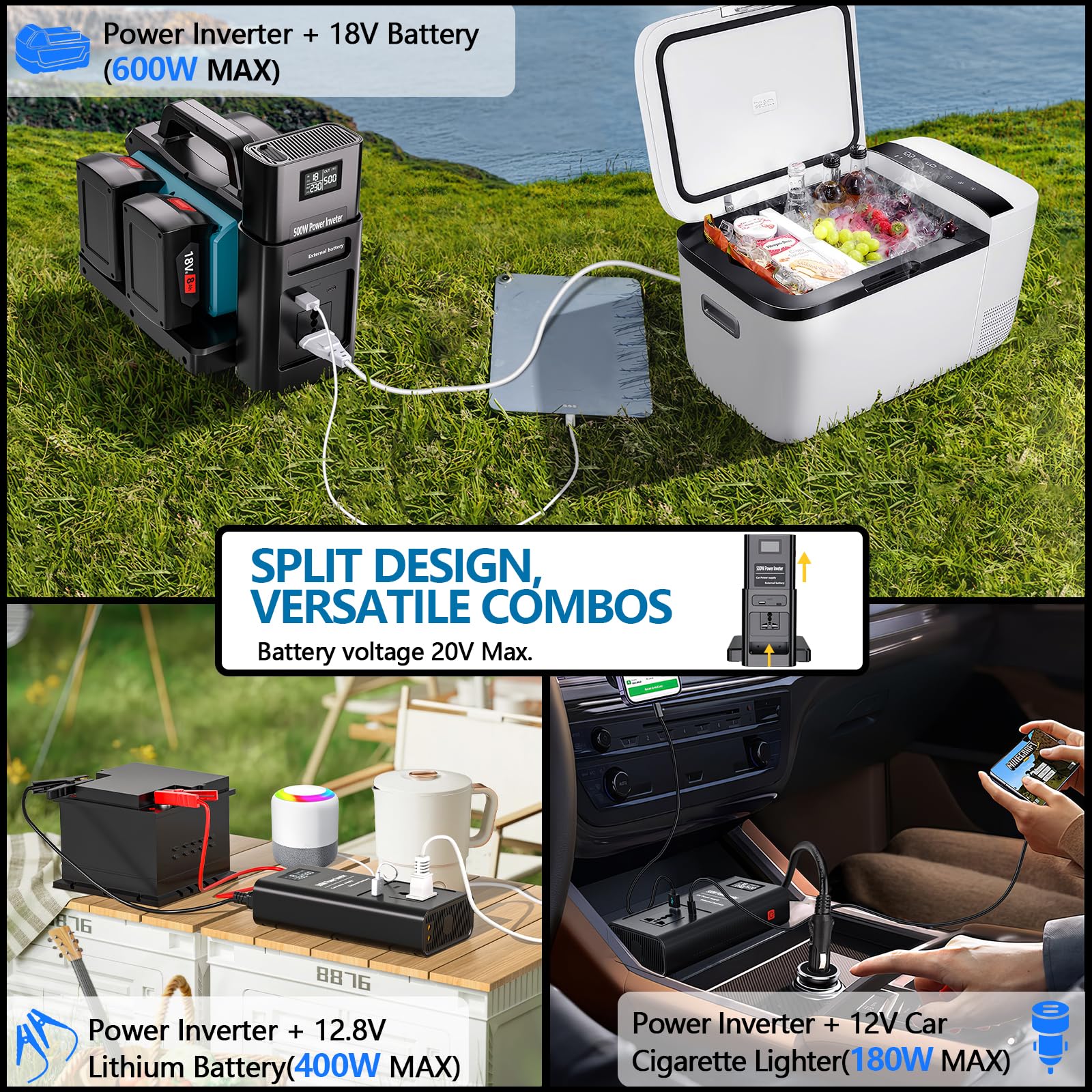 Adisipsoarin Onduleur sinusoïdal Pure 500W pour Batterie Bosch 18V (Pas de Batterie), convertit 18V CC vers 230V CA, avec Prise de Charge Voiture, pour Camping et urgences (4 Ports)