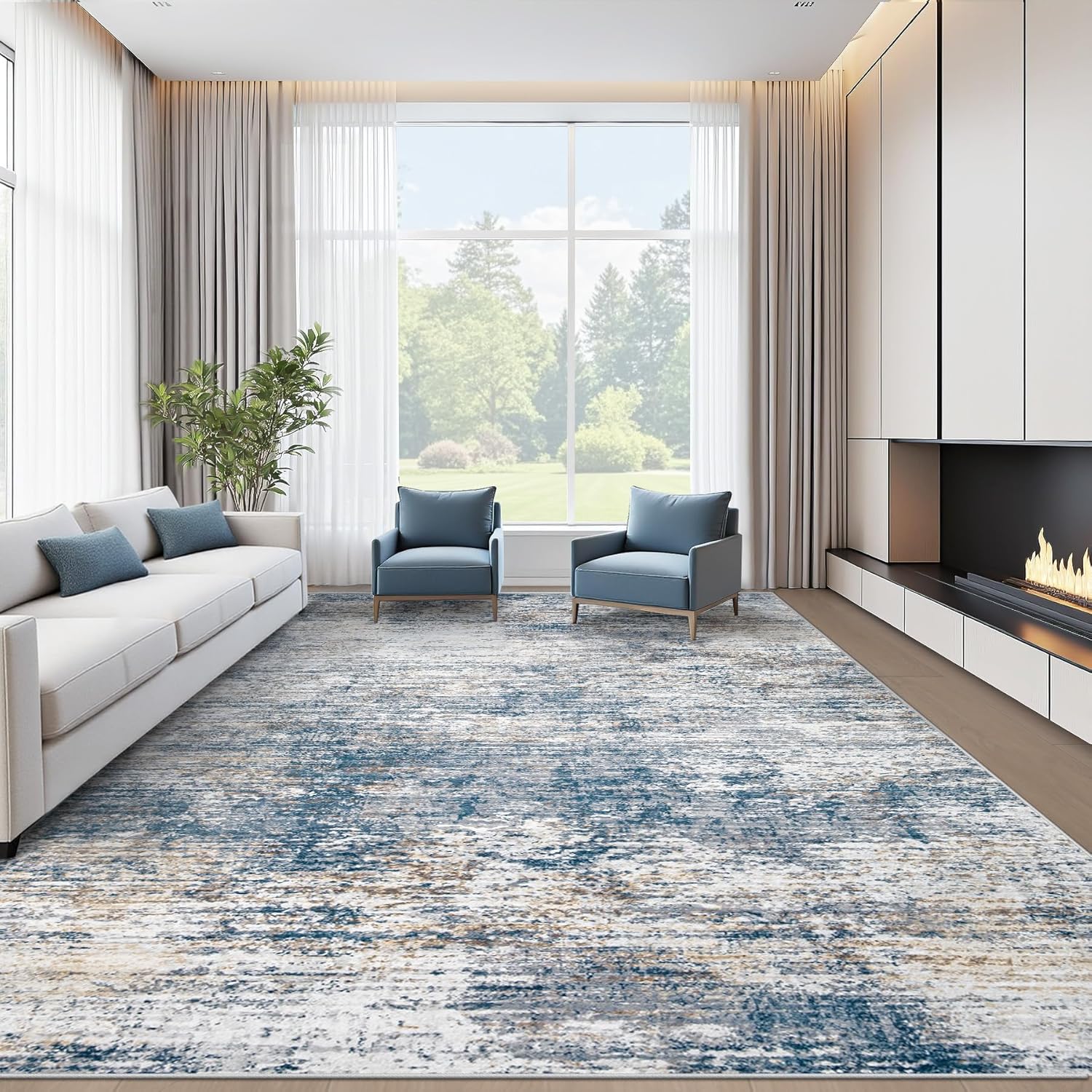 9x12 Area Rug Washable Rug, Modern Abstract Large Area Rug Neutral Soft Non Slip Low Pile Indoor Carpet for Living Room Bedroom Nursery Dining Room Home Office(BlueWhite, 9'x12') Bluewhite 9' x 12' (Rectangular)