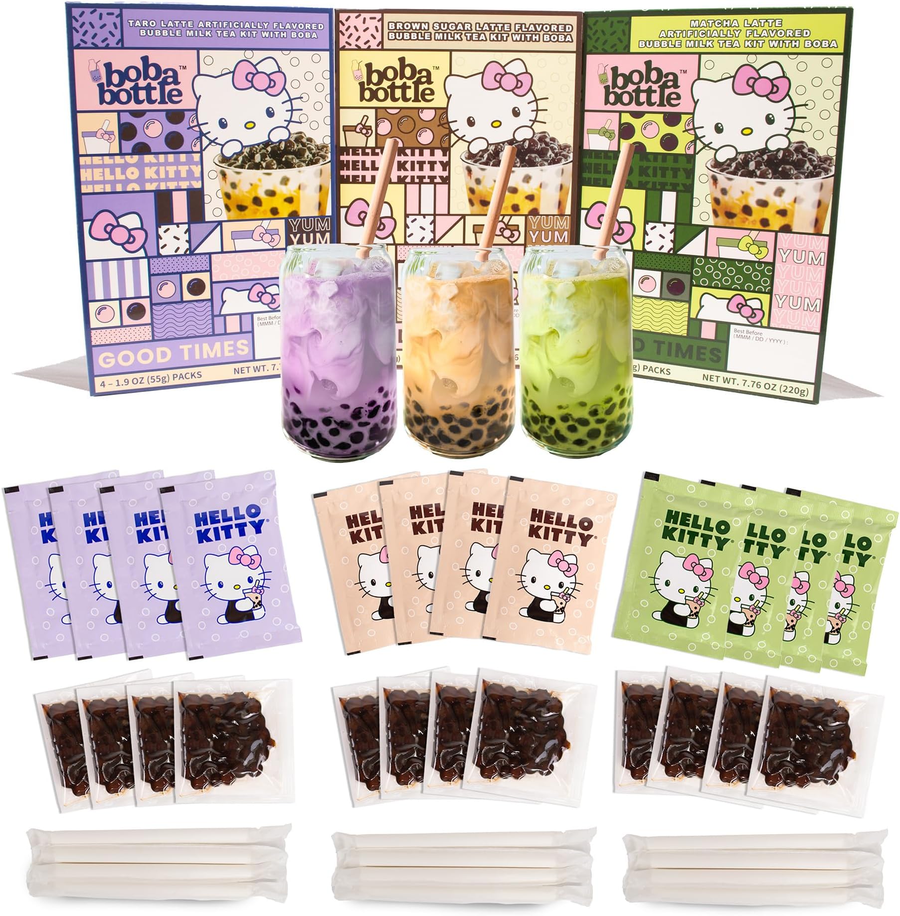 Hello Kitty Instant Boba Milk Tea Variety Kit, Brown Sugar, Taro, Match Flavor, with Taiwan Tapioca Pearls, Paper Straws Included (12 Servings)