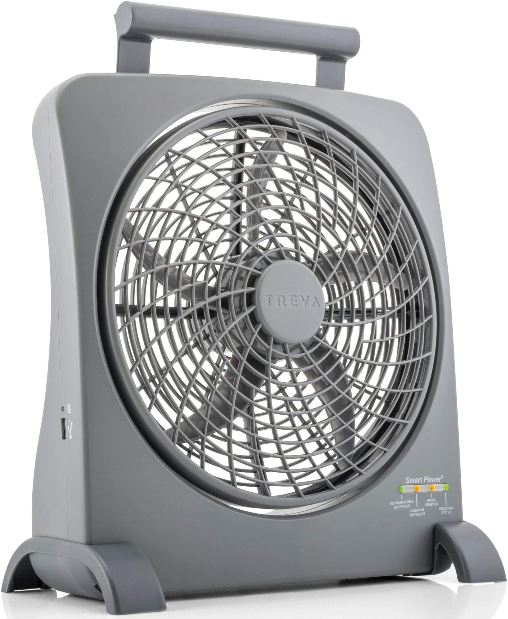 Treva 10 inch Rechargeable Portable Fan Smart Power Air Circulator. Plug-In AC Adapter and Battery Powered, USB Charging Port, For Camping Travel and Indoors Use
