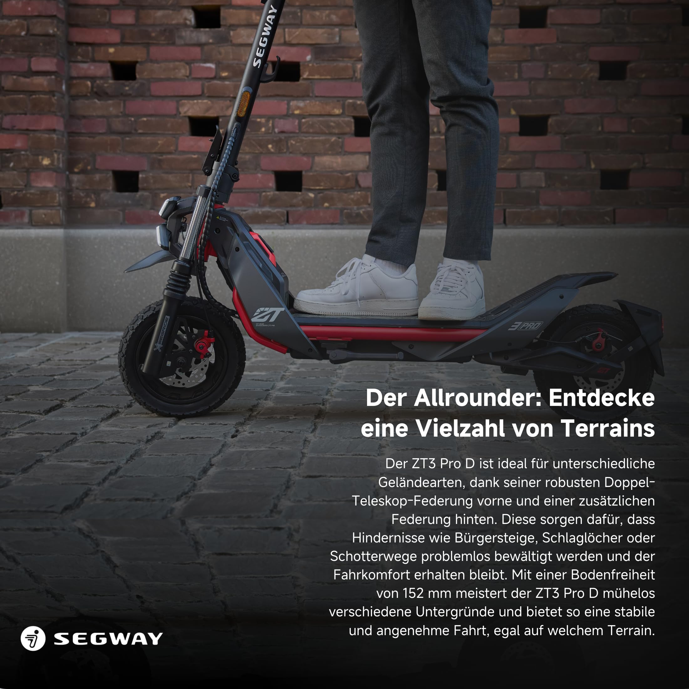 Segway ZT3 Pro D, E-Scooter mit Deutscher Straßenzulassung, 70 km Eco Modus Reichweite, 56km im Sport Modus, Vollfederung, 120 kg Tragkraft, 25% Steigung, Offroad-Reifen, Apple Find My, wasserfest