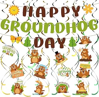 SmoothNovelty 39 Pcs Happy Groundhog Day Hanging Swirls and Groundhog Day Banner Set, Groundhog Party Hanging Decorations for Groundhog Day Party Decor
