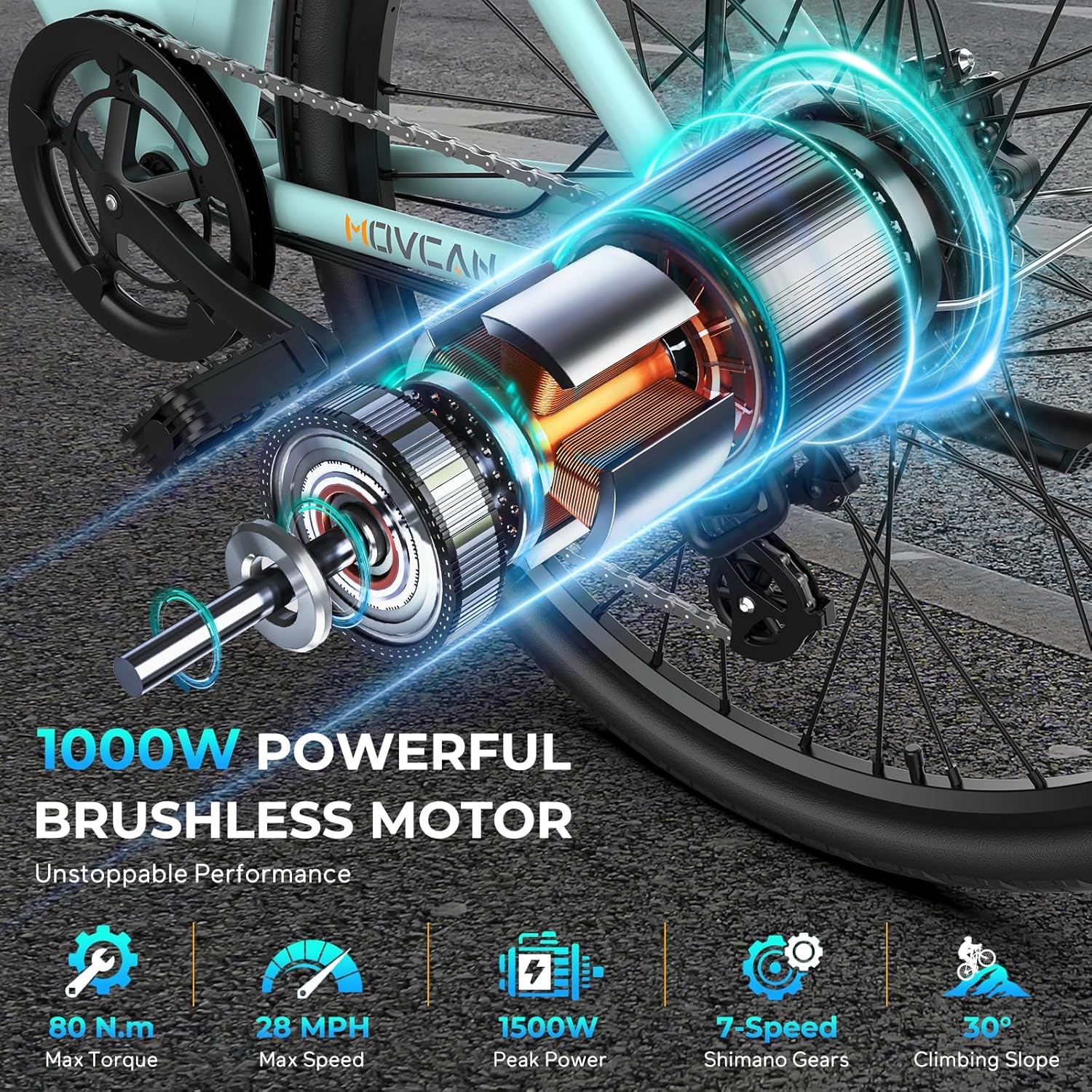 Movcan V80 Electric Bike, 1000W Motor 28MPH 26'' City Cruiser Ebike for Adults, 48V 13Ah Removable Battery Up to 70 Miles, 7-Speed Dual Disc Brake, Mountain E-Bike for Commuting