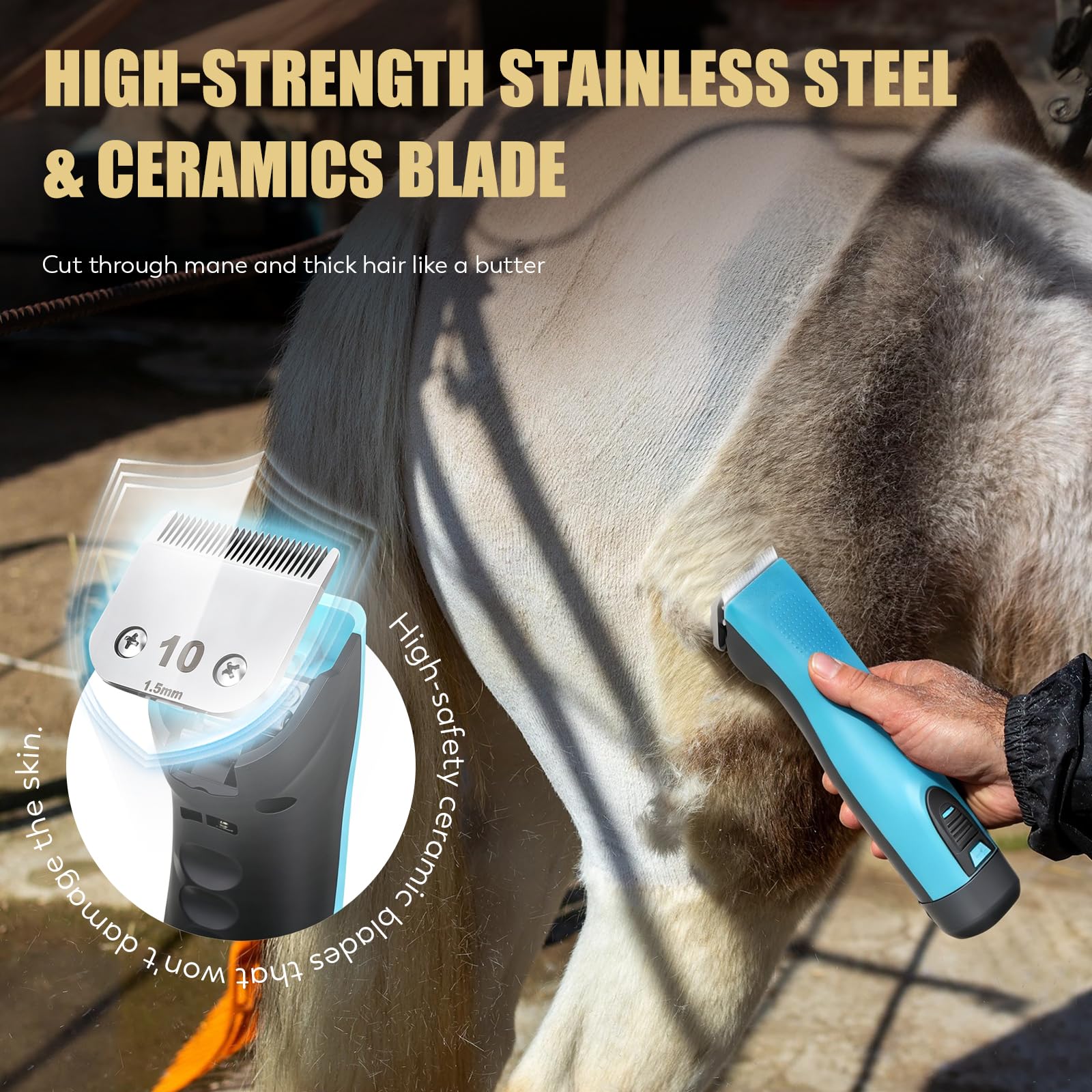 Tondeuse pour Chevaux CGOLDENWALL, Batterie Li-Ion 1400mAh & 3.5m Câble, 3200-4000rpm, Vitesse 2, pour Chien, Cheval, Chèvre