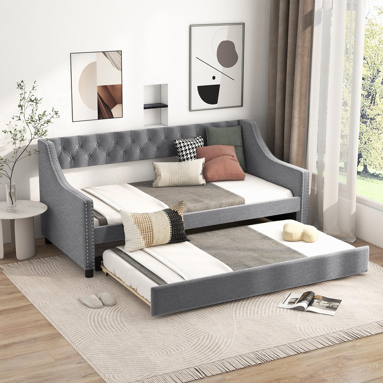 KOMFOTT Upholstered Twin Daybed with Trundle, Sofa Daybed with Backrest & Armrests, Space-Saving Daybed Trundle Bed Frame for Bedroom, Guest Room &
