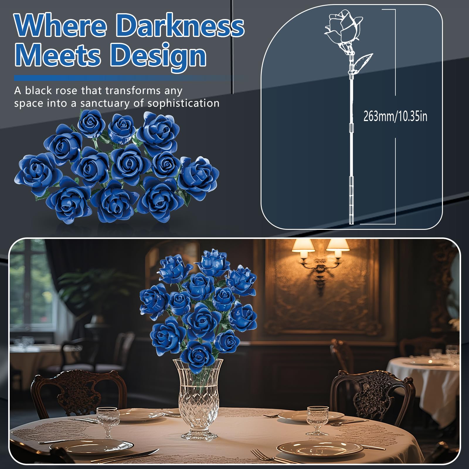kiothdre Kit de Construction de Bouquet de Roses Bleues - Collection Botanique en Fleurs Artificielles, Cadeau DIY pour Femmes (Saint-Valentin & Fête des Mères) - Décoration Intérieure