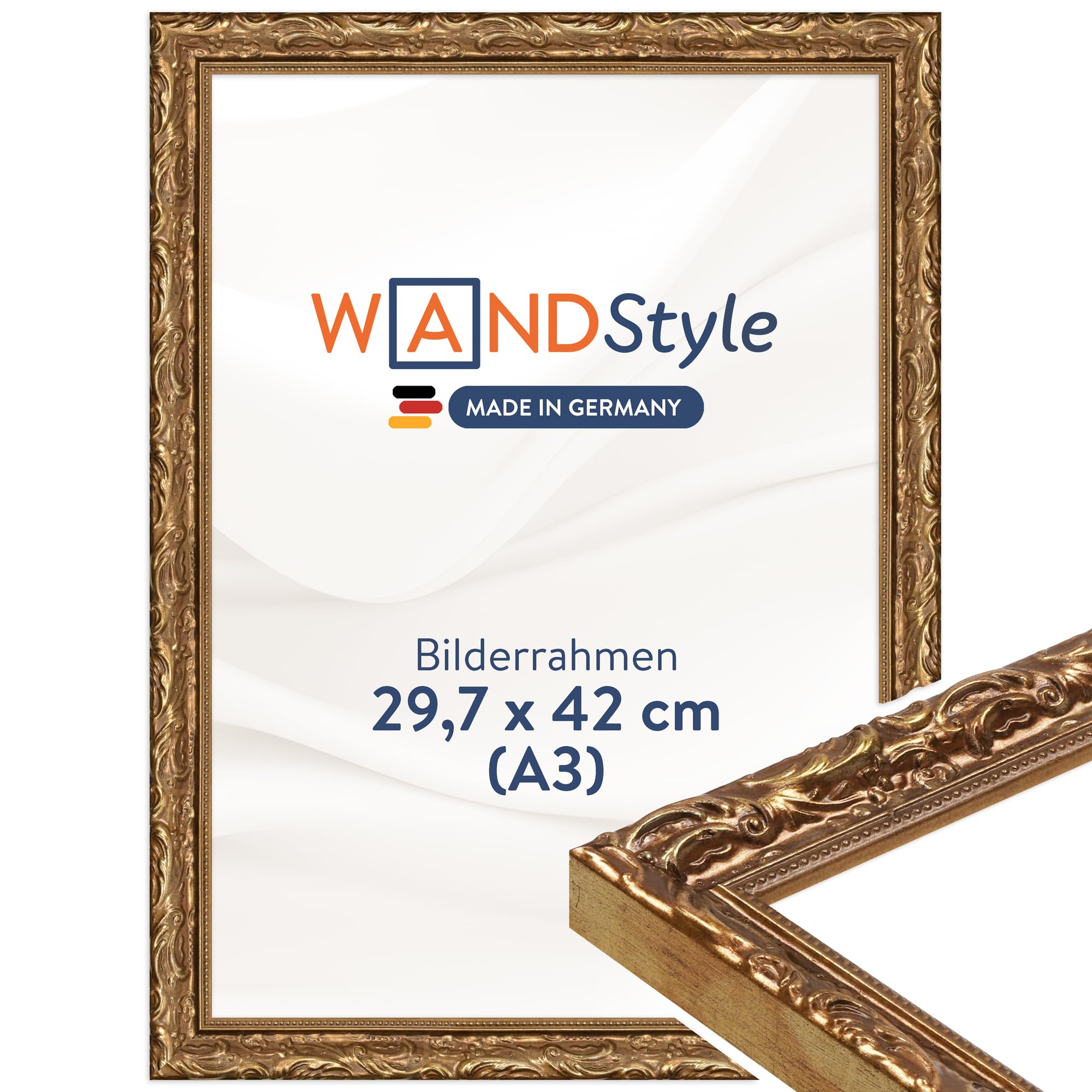WANDStyle Bilderrahmen A3 Holz, DIN A3 Bilderrahmen Gold Vintage 42x30 cm | Hochwertiger Holzbilderrahmen Antik, Posterrahmen zum Aufhängen, Rahmen 30x42 cm, Fotorahmen H530 Made in Germany