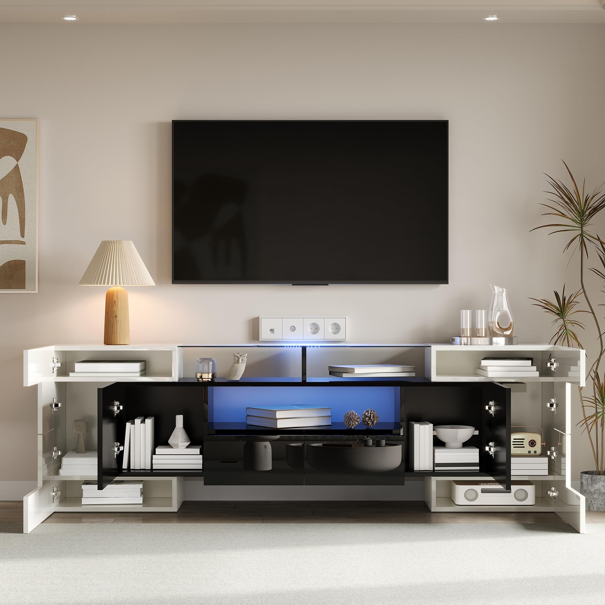 Modernes TV Möbel 200 cm – Hochglanz TV Lowboard mit L-E-D Beleuchtung, Glasfront, großem Stauraum für Wohnzimmer Schwarz&White (Black)