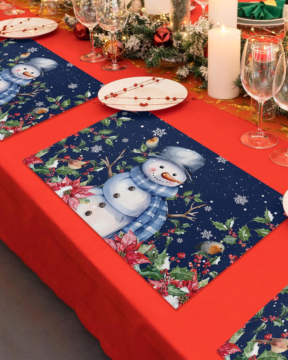 Washable Kitchen Placemats Set of 6, Navy Blue Snowman Christmas Table Mats for Dining Table Party Decorations, Xmas Poinsettia Berry Snowflake Non-Slip Heat-Insulation Place Mat Sets