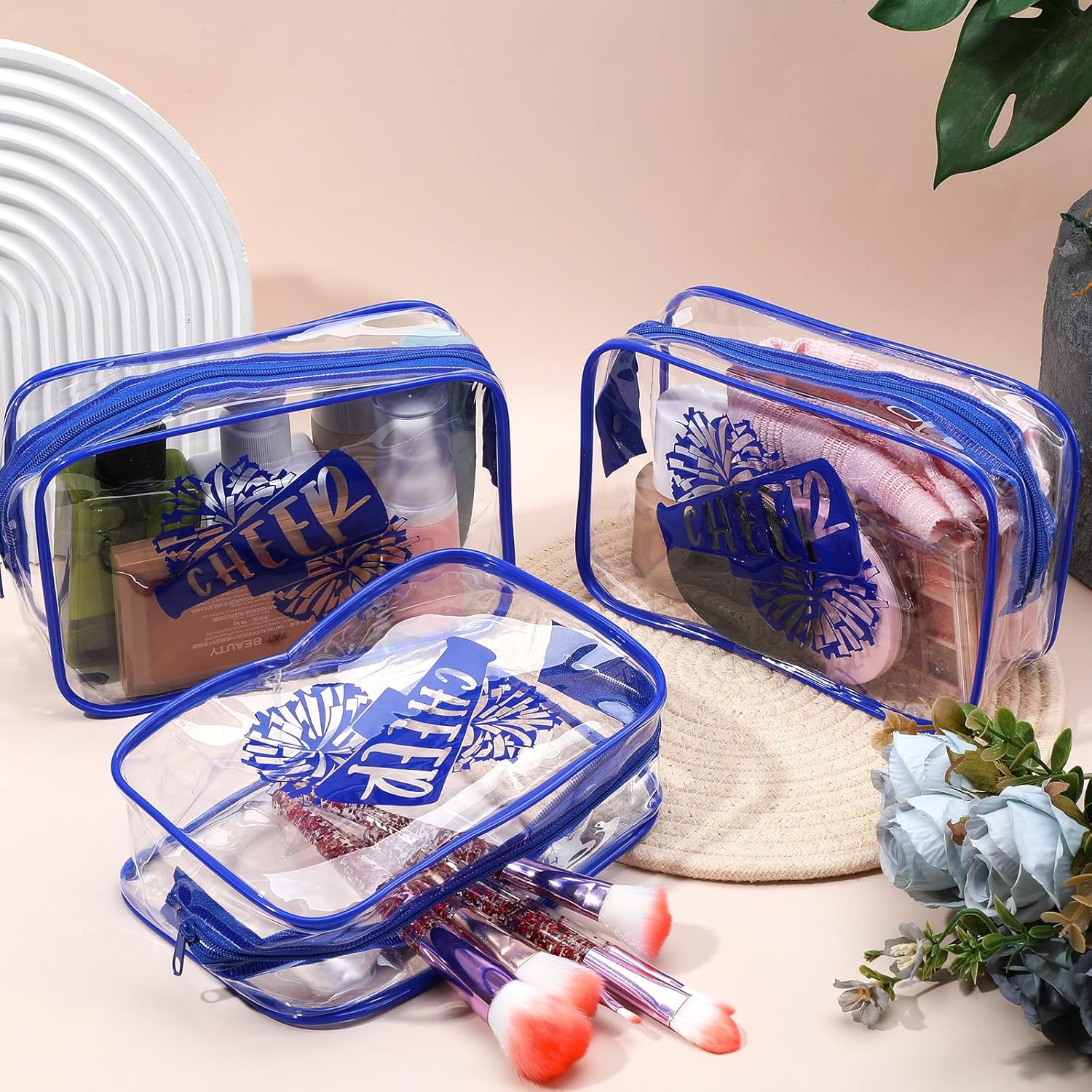 12 Pcs Cheer Makeup Bag Clear, Cheer Gifts Bulk for Team 7 x 4.7 x 2.4'' Cosmetic Bag Cheerleader PVC Makeup Case Clear Toiletry Zipper Pouch for Cheerleading Teammates Party Supplies, Blue - Image 7