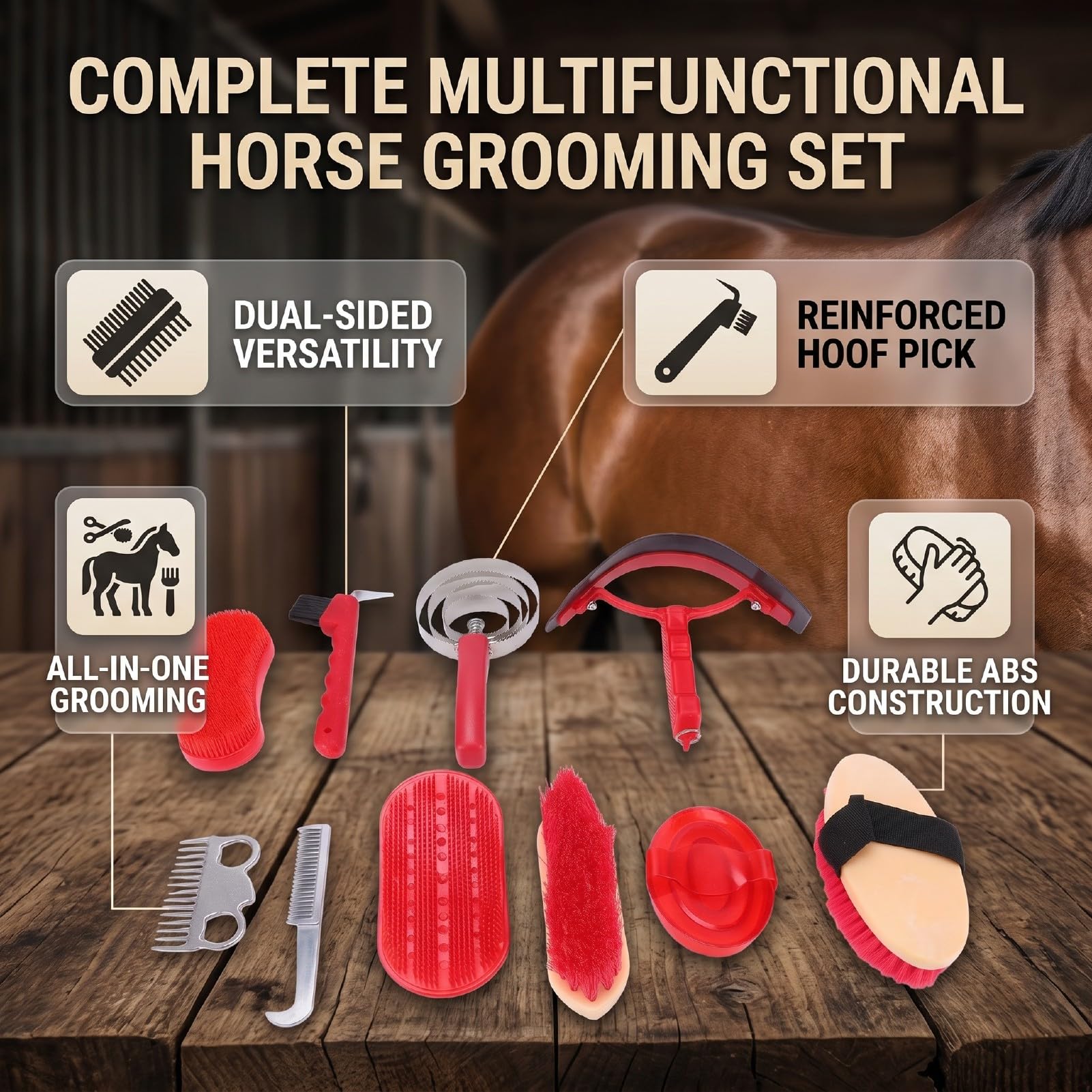 Kit per Toelettatura Cavalli da 10 Pezzi, Set di Forniture per Selleria Set Spazzole per Cavalli Pettine per Pulizia per Cura Equina per Toelettatura Fattoria Spargimento