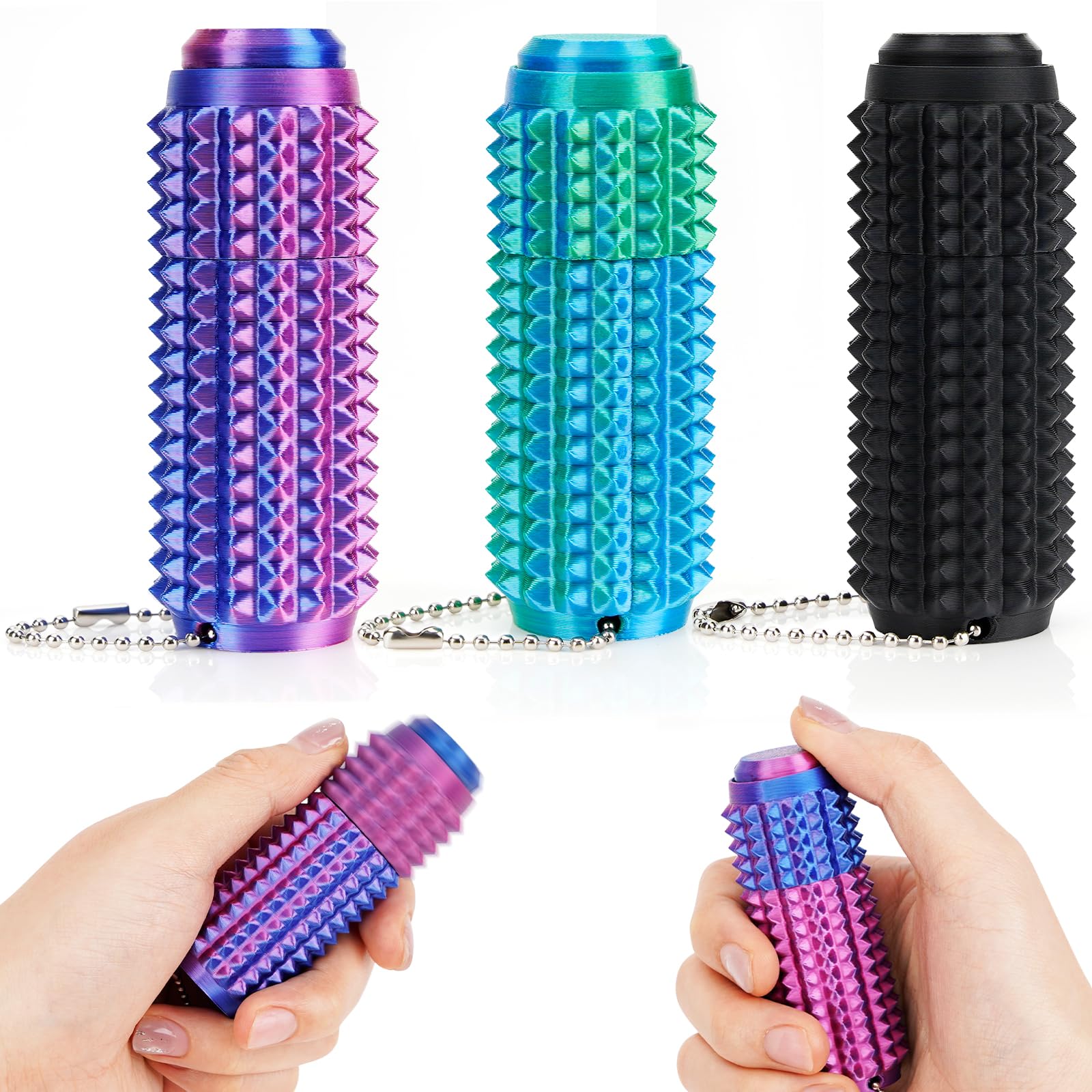 3PCS Spiky Grippie Stim Keychains With Clicker Button & Spinner Stim Fidget Keyring Silent Spiky Fidget Toy for Adults Relax & Focus Novelty Gifts for Work and Study