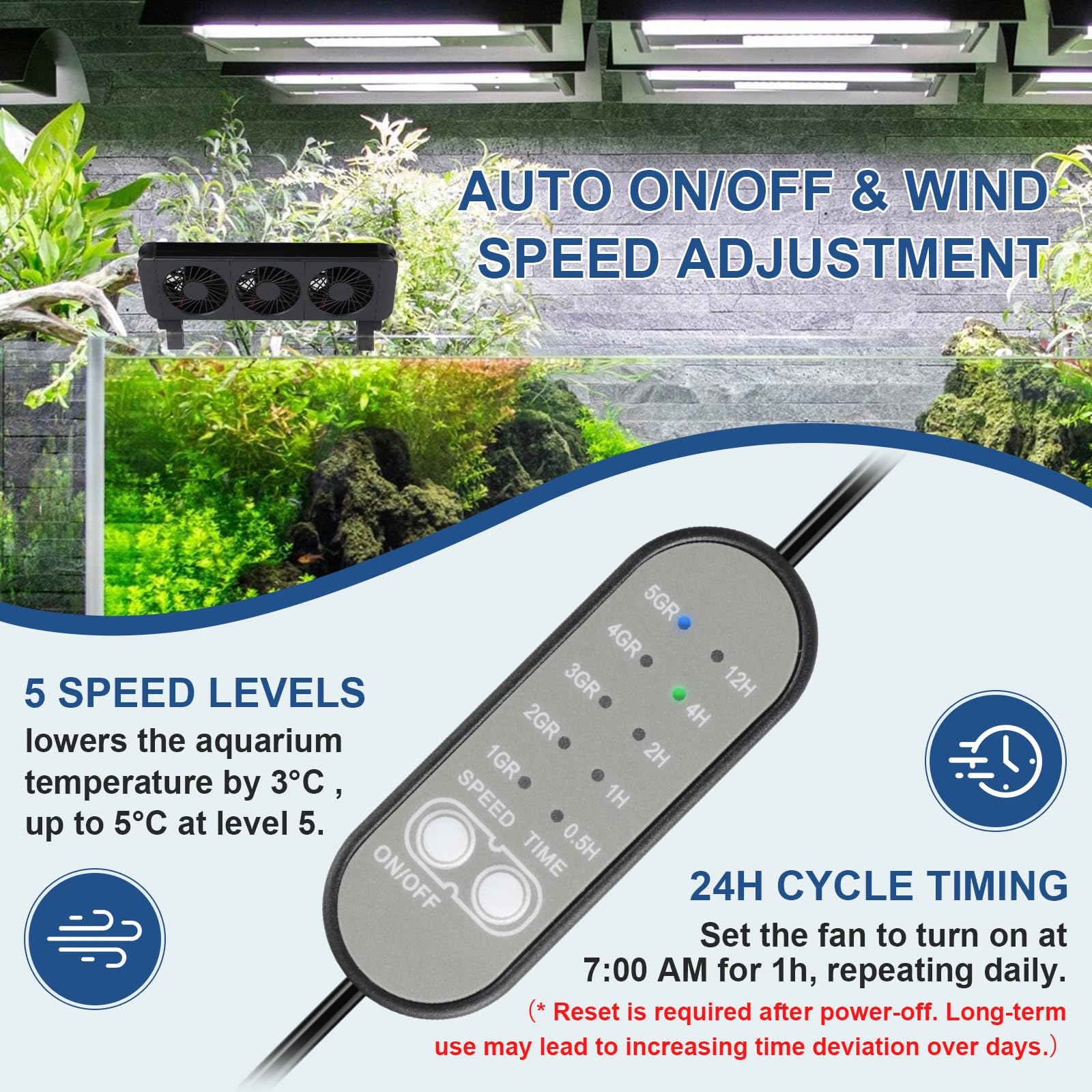 efuturetime Ventilador de Acuario, 6W, 5 Velocidades Ajustables, Bajo Ruido, Ventilador de Acuario de Pinza con Temporizador para Acuario de 50cm, 2 Ventilador