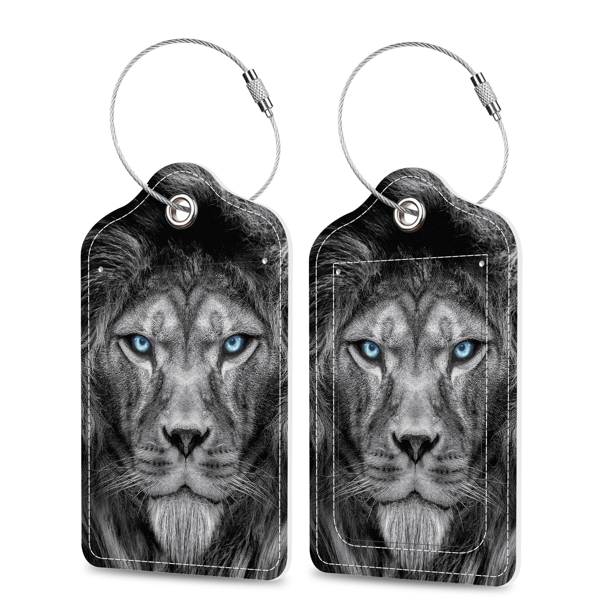 Set of 2 Luggage Tags Fierce Lion with Glowing Blue Eyes Leather Suitcases Tag with Privacy Cover Stainless Steel Loop and Address Card for Women Men