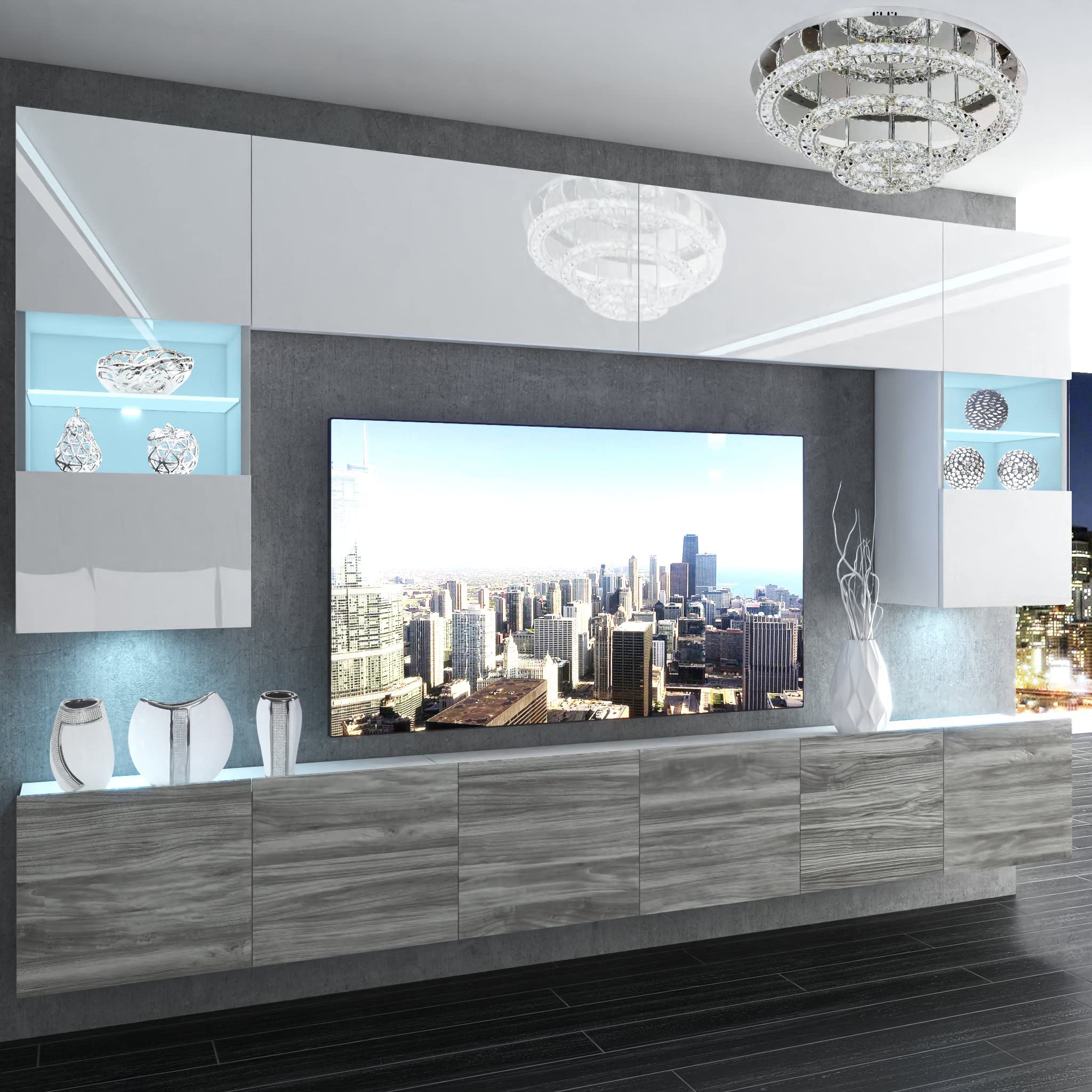 BELINI Wohnwand Vollausstattung Wohnzimmer-Set Moderne Schrankwand mit LED-Beleuchtung Anbauwand TV-Schrank Weiß/Eiche Glamour