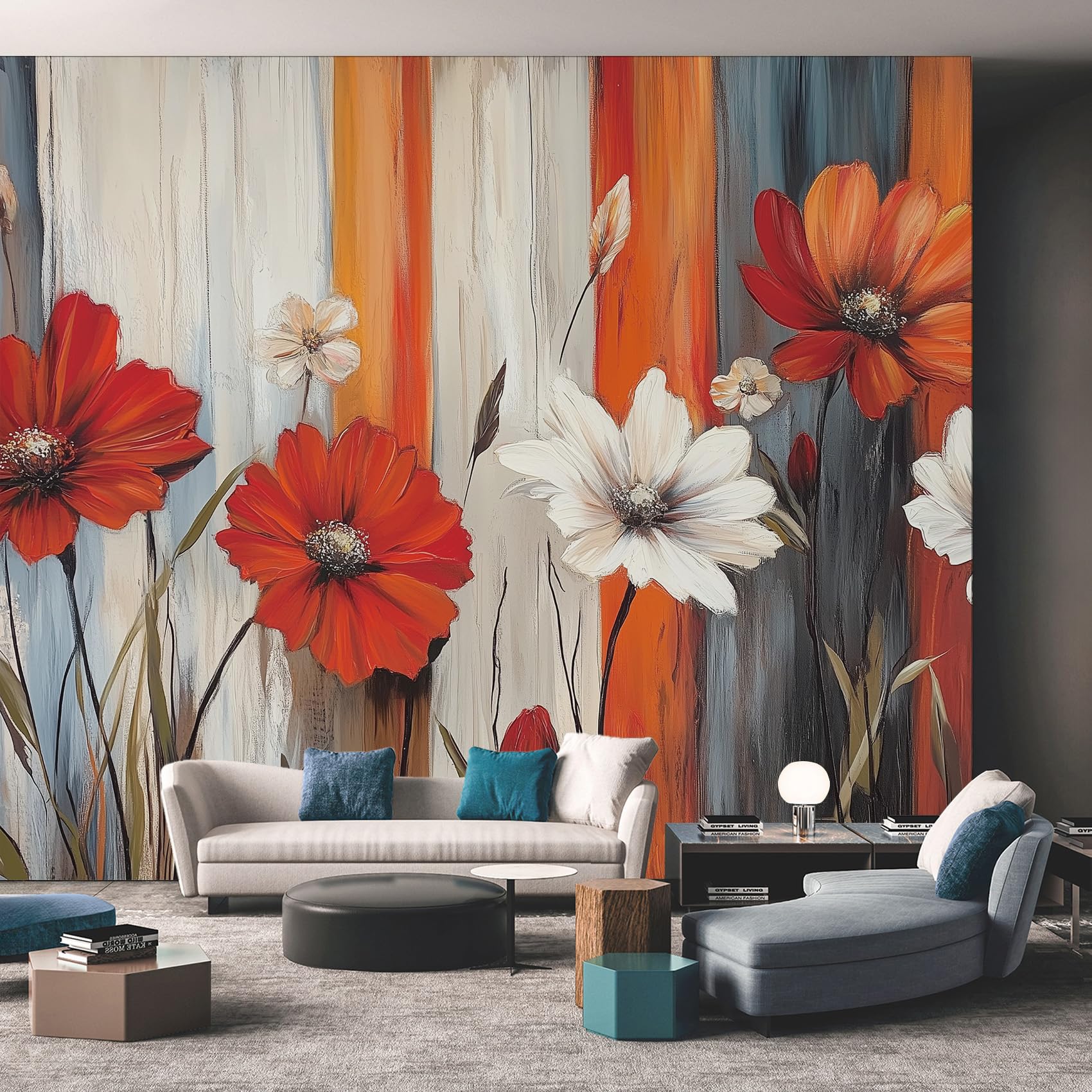 Papier Peint Rouge Beige, Motif Marguerites rétro Rustique pour Salon, Chambre, Papier Peint intissé, Photo Murale pour Chambre d'enfant, Couloir, Salon, 250 x 175 cm
