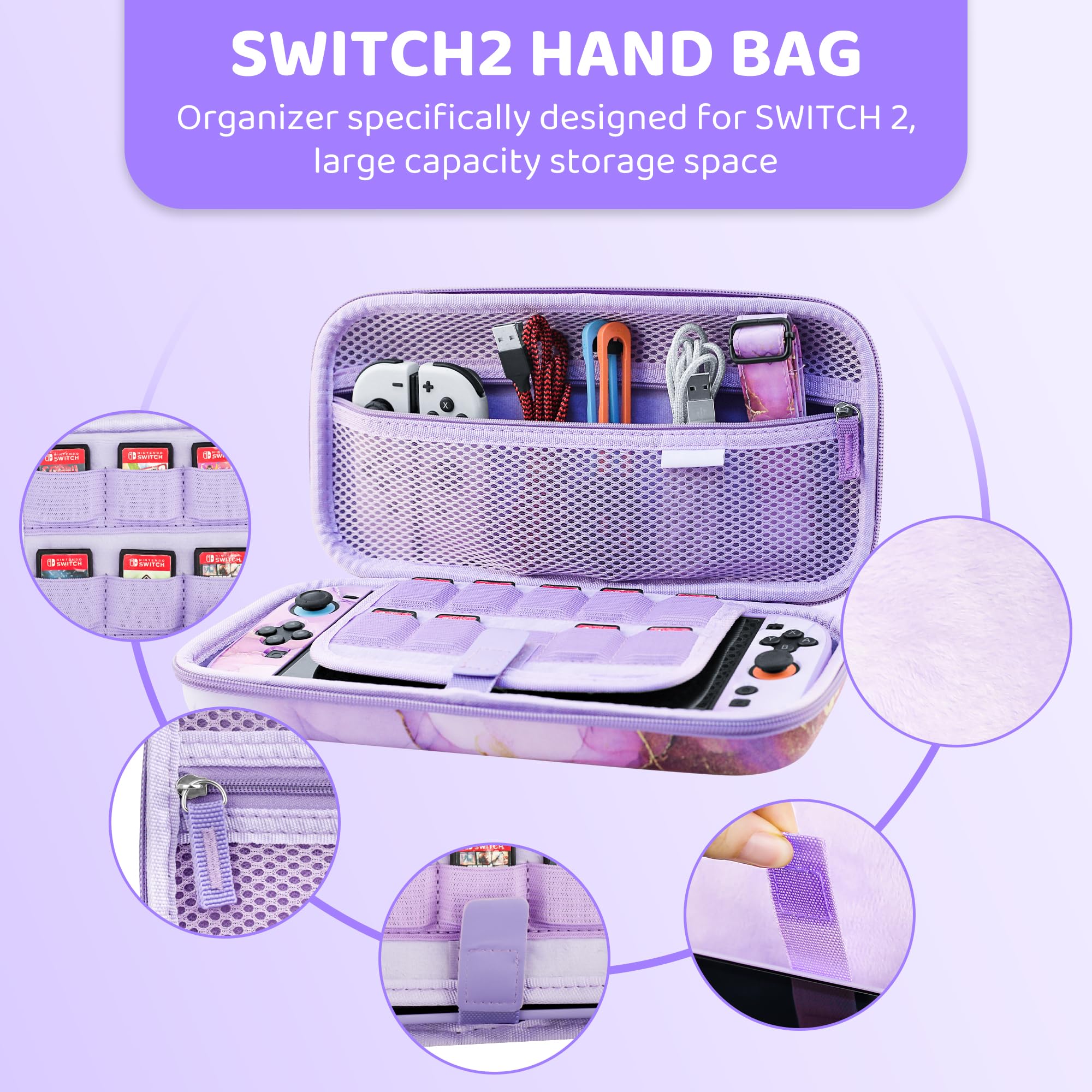 FANPL Custodia carina per Nintendo Switch 2, custodia da viaggio per Switch 2 con pelle rigida glitterata, cinturino regolabile, pellicola proteggi schermo, tappi per impugnatura per pollice (marmo