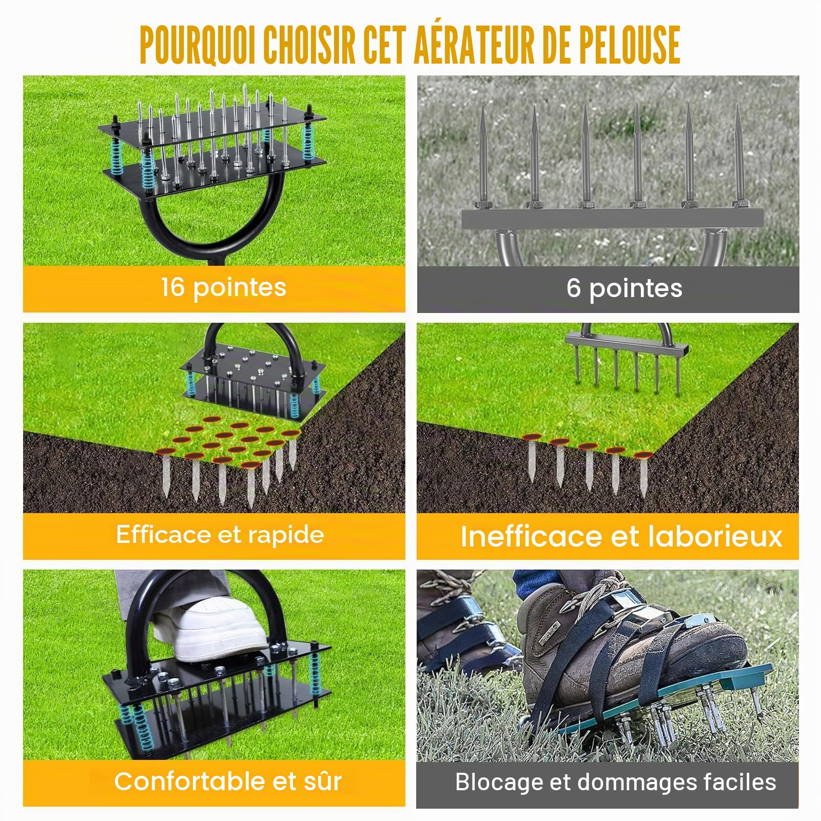 Rocky&Chao Aérateur Manuel pour pelouse – Outil de Jardin à Double Plaque avec 16 Pointes et 4 Ressorts, poignée en T, idéal pour sols compacts et Entretien du Gazon