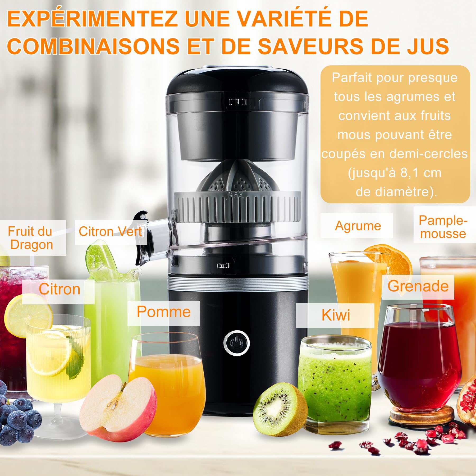 MAISON HUIS Presse-agrumes Électrique Presse-oranges Presse-citrons Extracteur de Jus Portable avec Recharge USB pour Oranges Citrons Pamplemousses Agrumes (Noir)