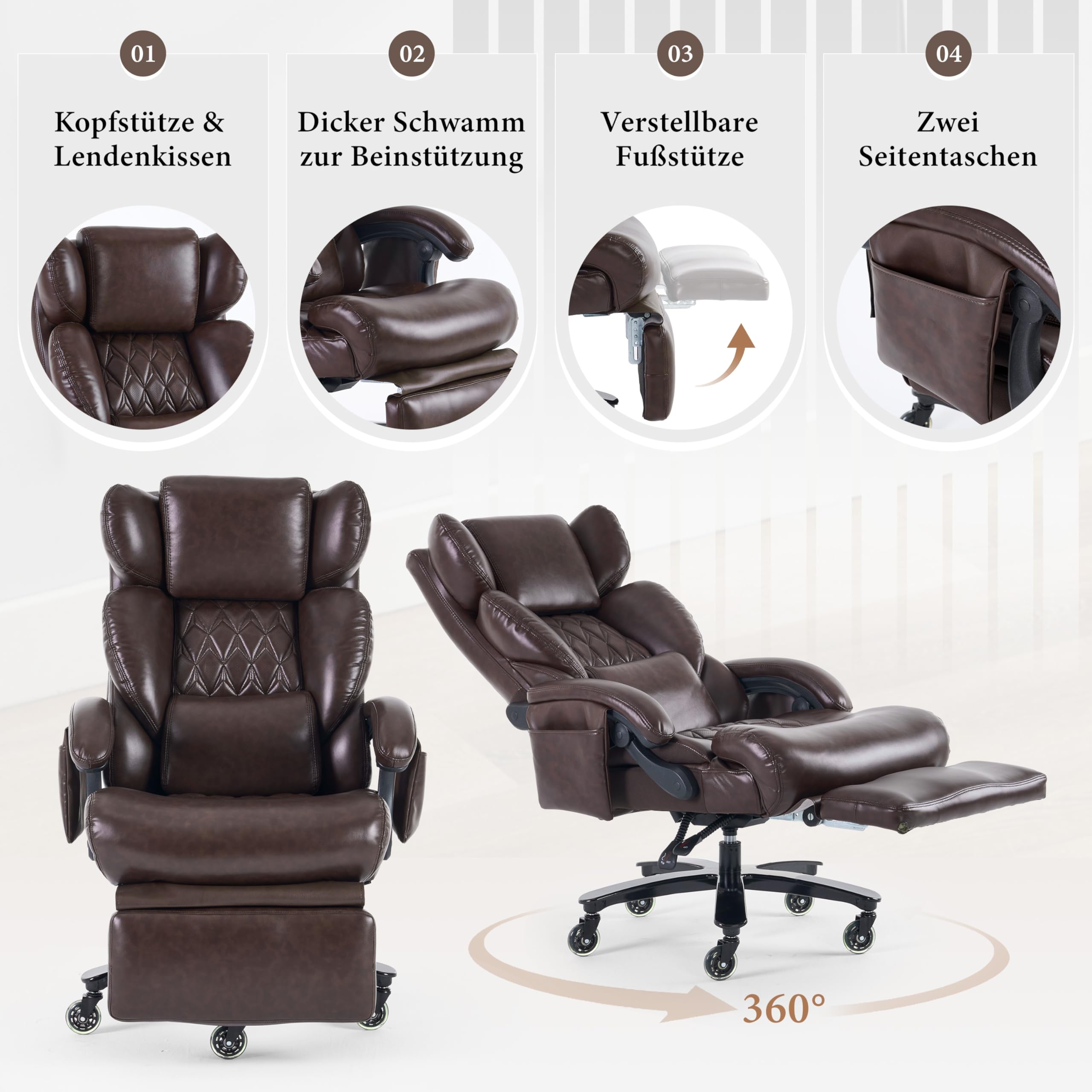 Fotel szefa z funkcją masażu i ogrzewaniem, ergonomiczny fotel biurowy ze skóry PU z podnóżkiem, obracane o 360° krzesło biurowe z regulowanym oparciem, do 150 kg, do biura domowego i biura, brązowy