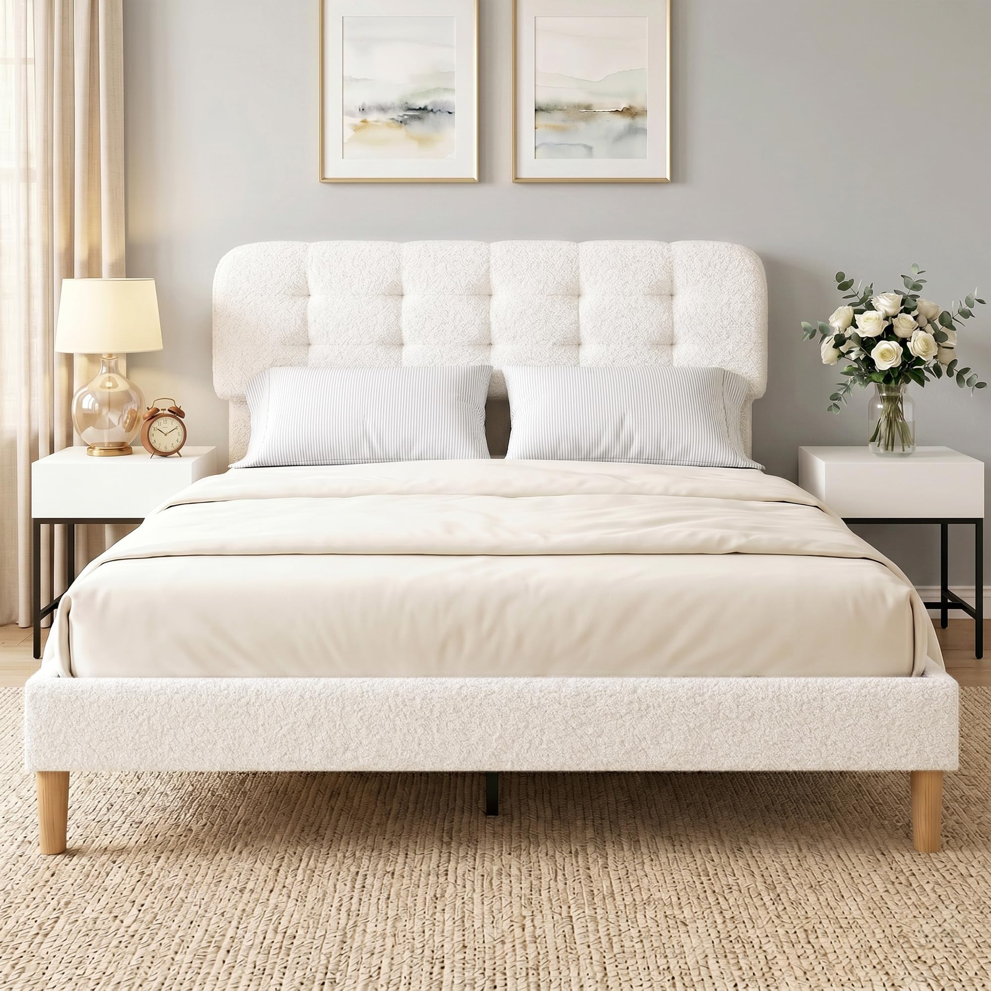HOMCOM Cadre de lit 160 x 200 cm avec sommier, Tête Réglable, Blanc | Lit Double Rembourré Velours Boucle, Support à Lattes en Bois, Rangement au-dessous, Sans Bruit, Montage Facile