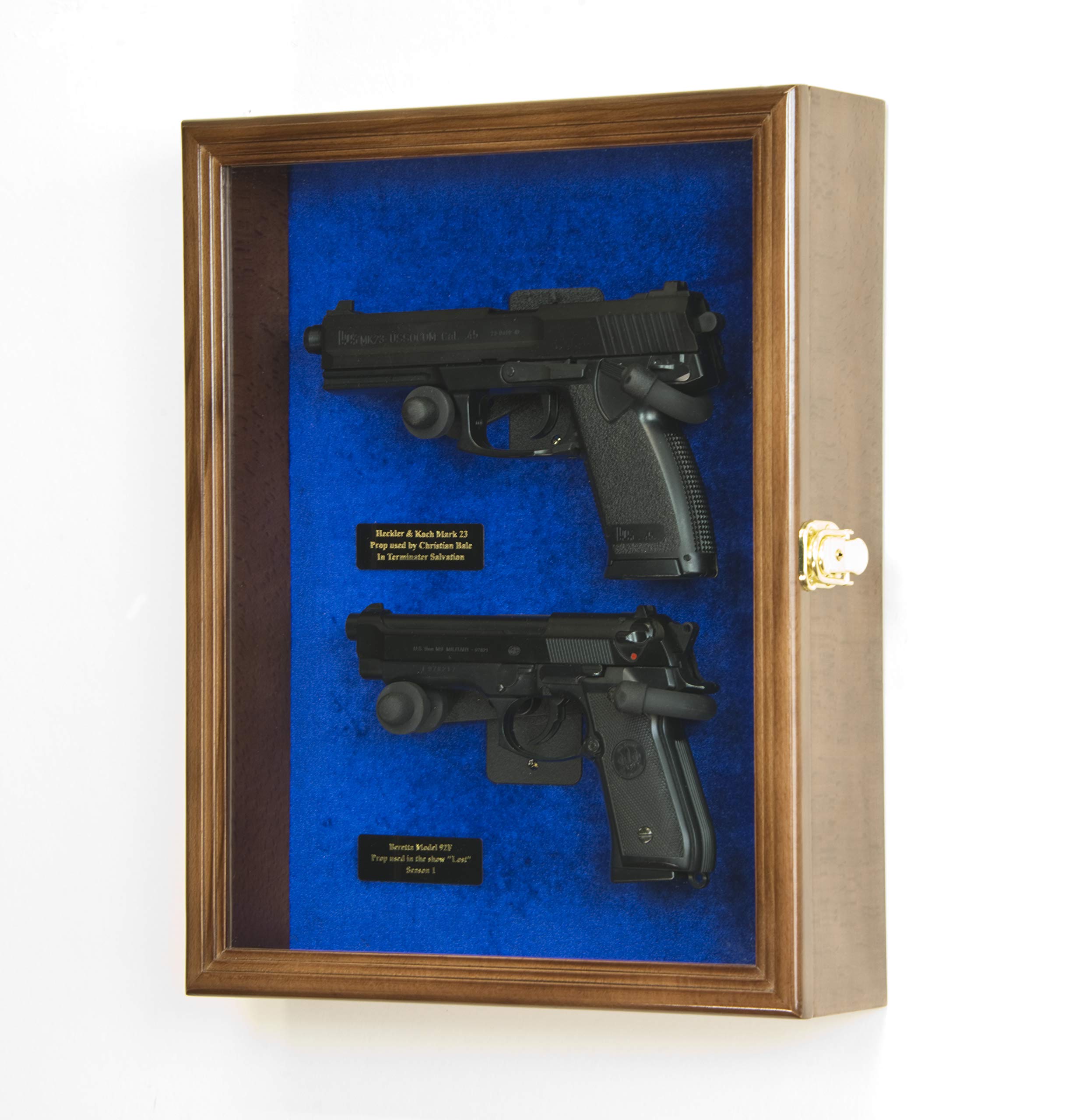 Large/Double 2 Pistol Handgun Revolver Gun Display Case Cabinet Rack Shadowbox (Walnut Finish, Blue Background)